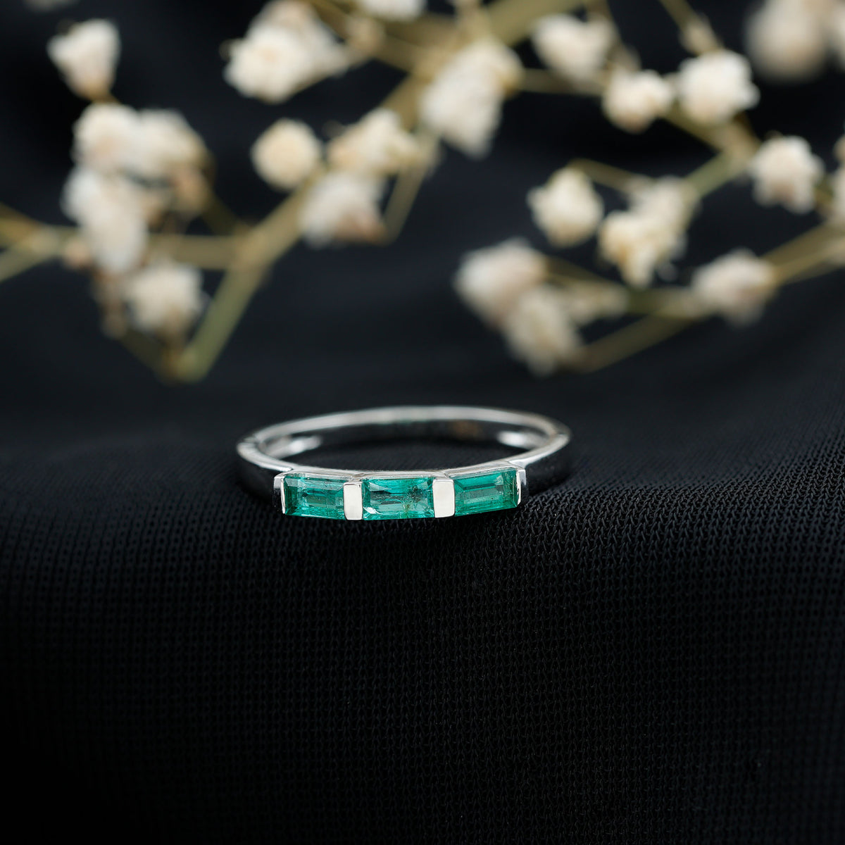 Baguette Cut Real Emerald 3 Stone Ring with Certificate AAA - Rosec Jewels