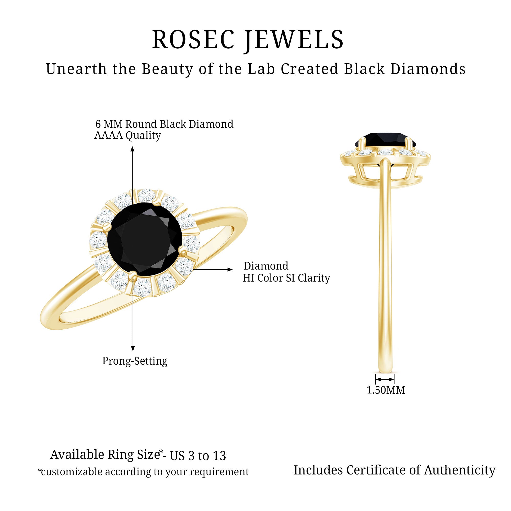 Rosec Jewels-1.75 CT Lab Created Black Diamond Promise Ring with Diamond Halo