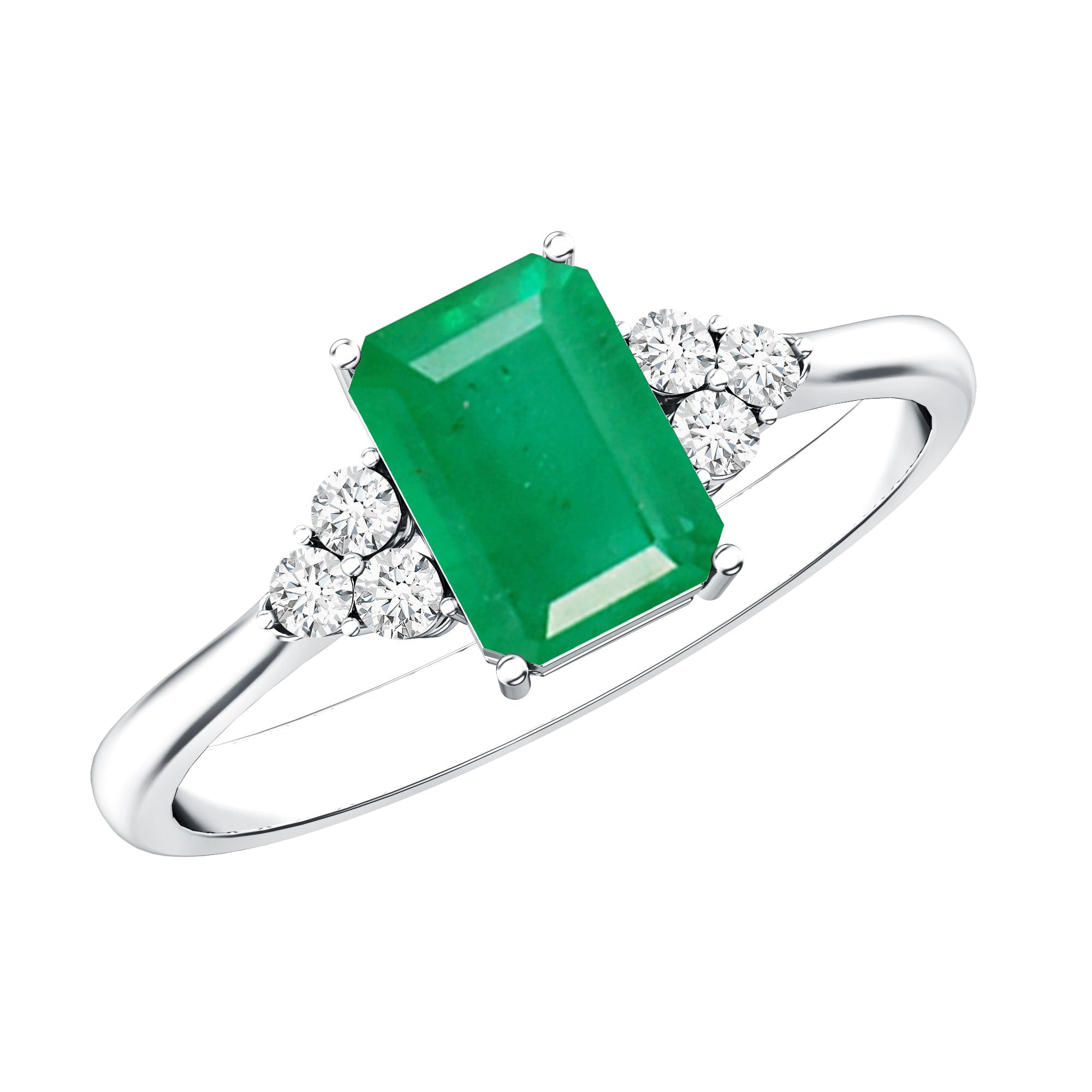 Octagon Cut Emerald Engagement Ring with Diamond Trio AAA - Rosec Jewels