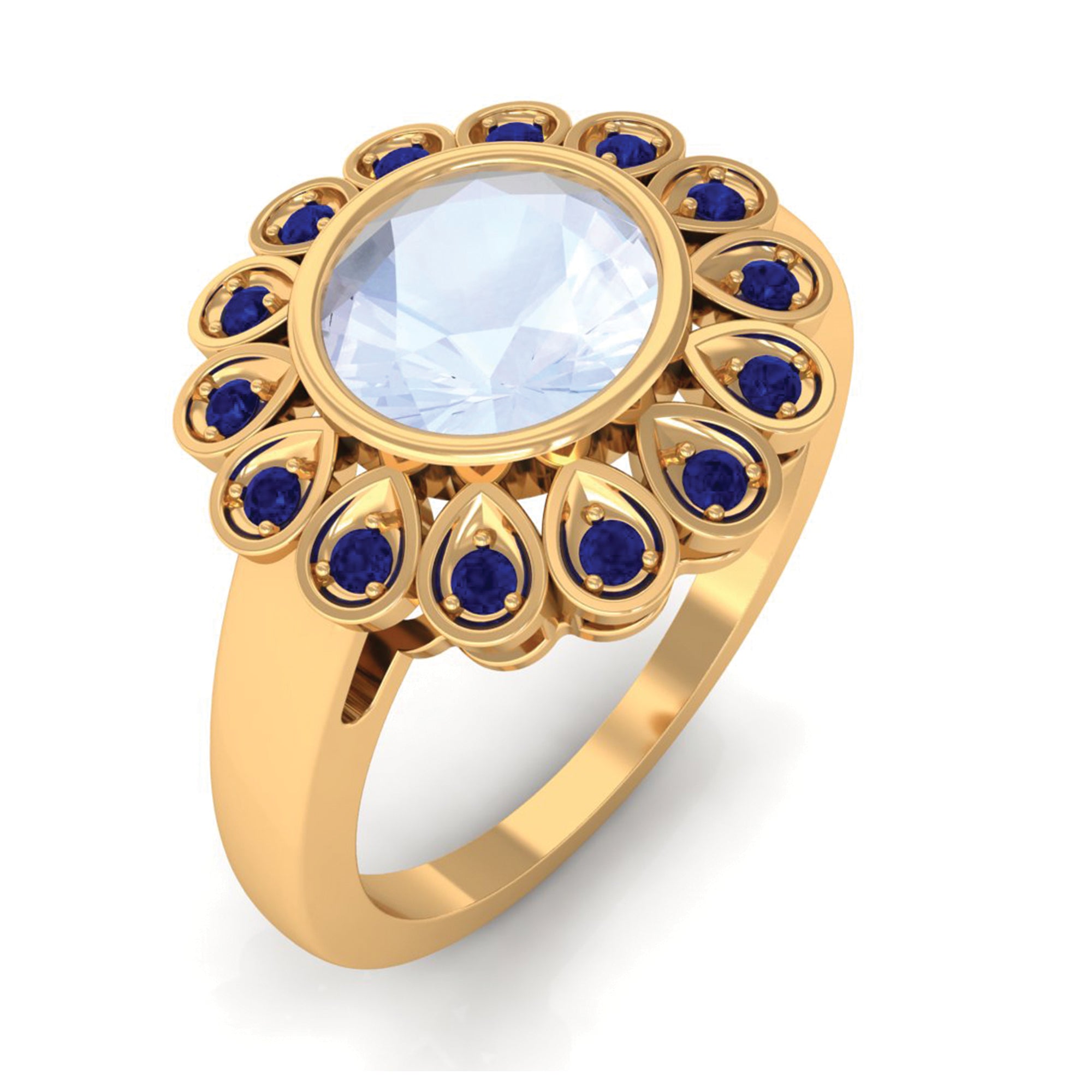 1.25 CT Bezel Set Moonstone Vintage Inspired Engagement Ring with Blue Sapphire AAA - Rosec Jewels