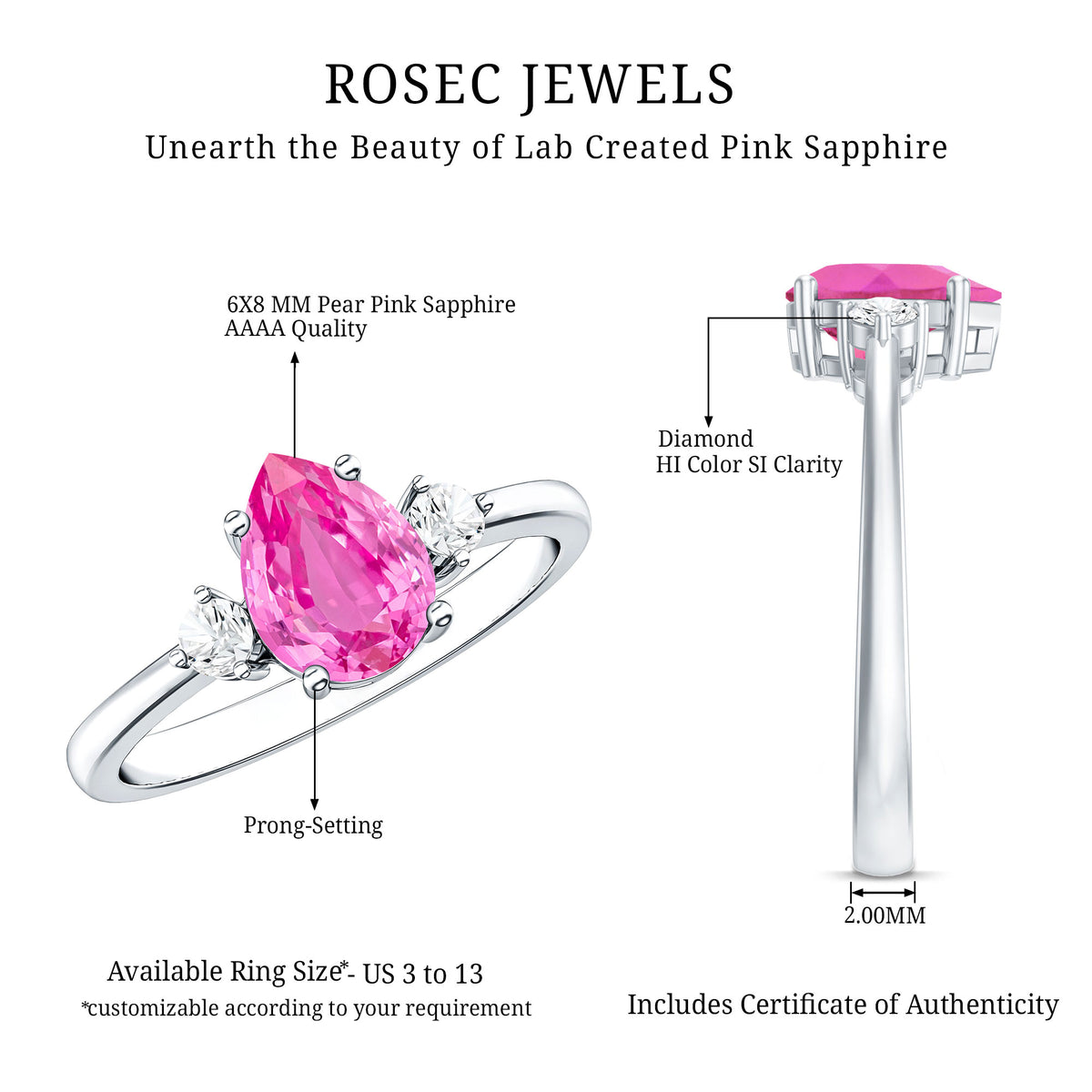 1 CT Lab Grown Pink Sapphire Teardrop Engagement Ring with Diamond AAAA - Rosec Jewels