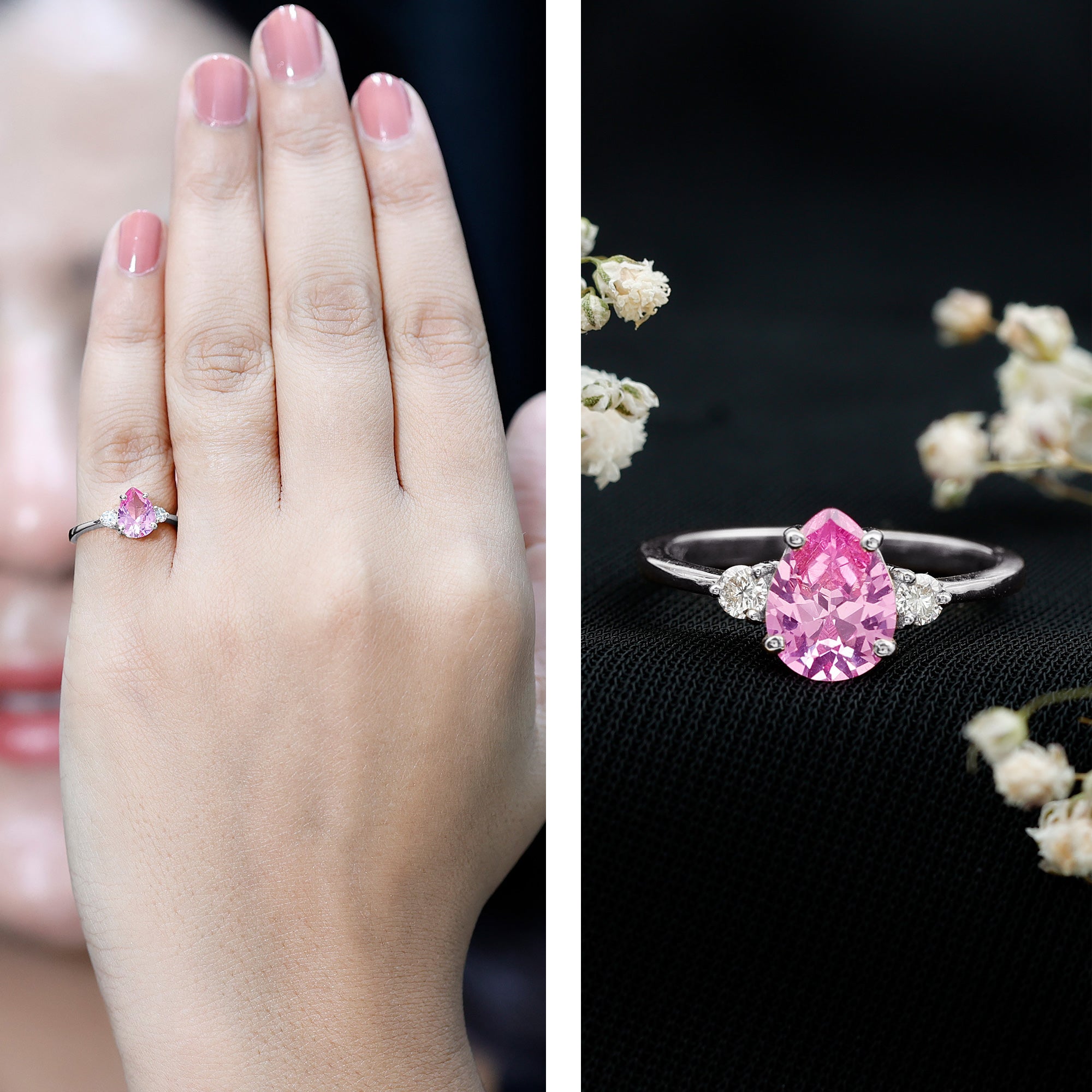 1 CT Lab Grown Pink Sapphire Teardrop Engagement Ring with Diamond AAAA - Rosec Jewels
