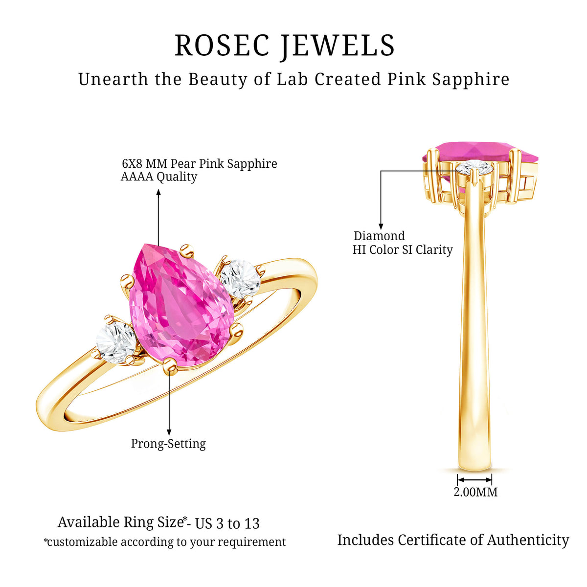 1 CT Lab Grown Pink Sapphire Teardrop Engagement Ring with Diamond AAAA - Rosec Jewels