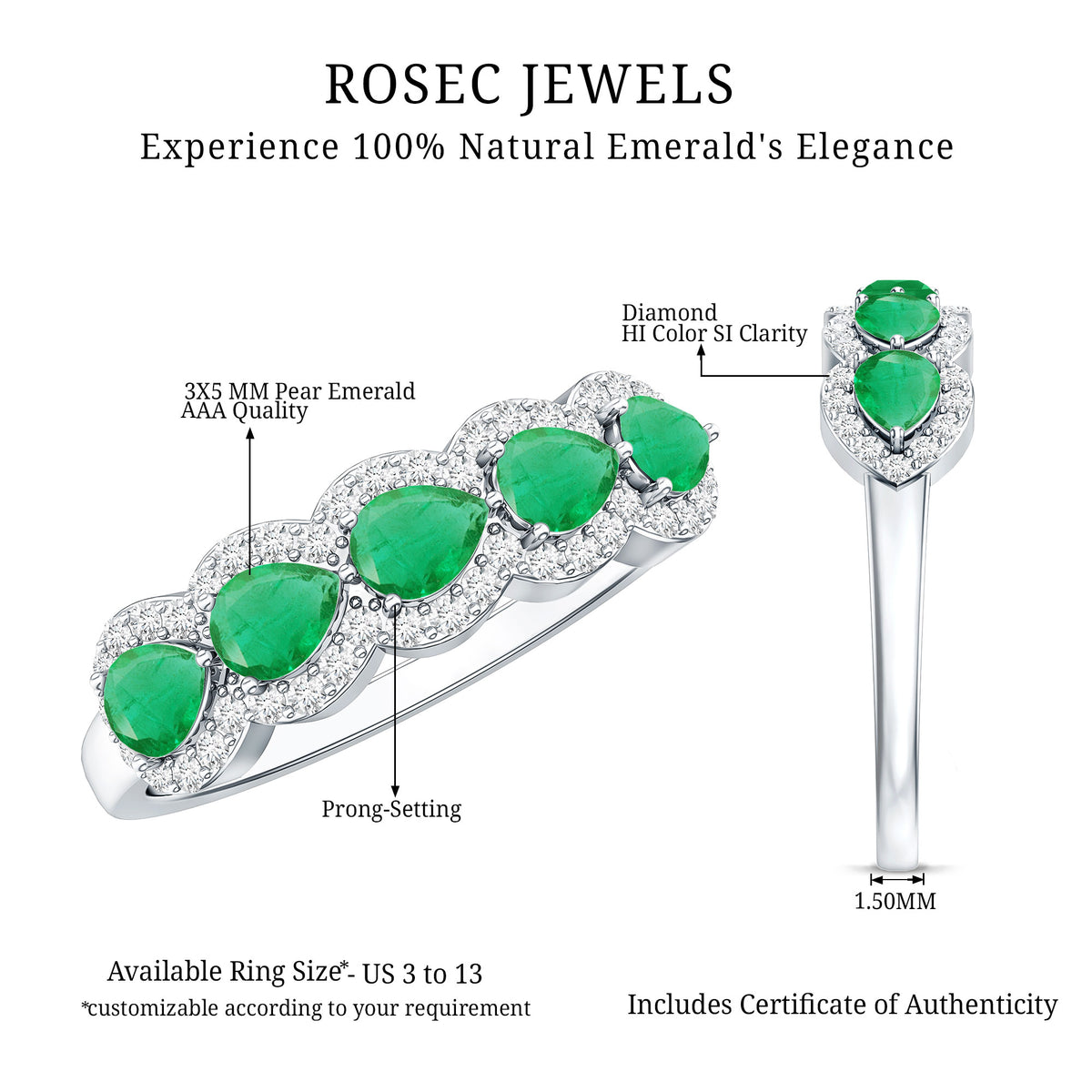 Pear Shape Emerald Anniversary Wedding Ring with Diamond Accent AAA - Rosec Jewels