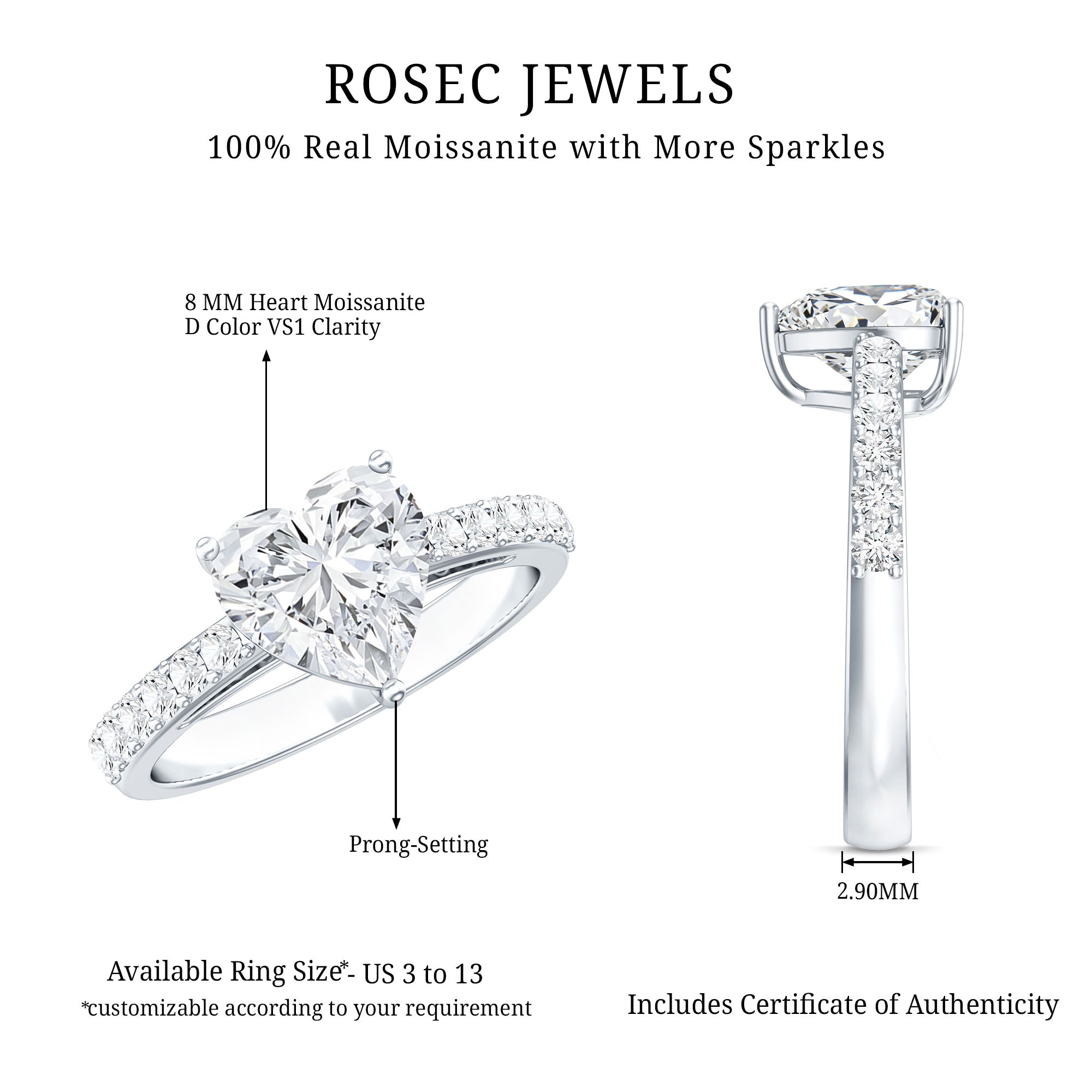 2 CT Moissanite Heart Engagement Ring With Side Stones D-VS1 - Rosec Jewels