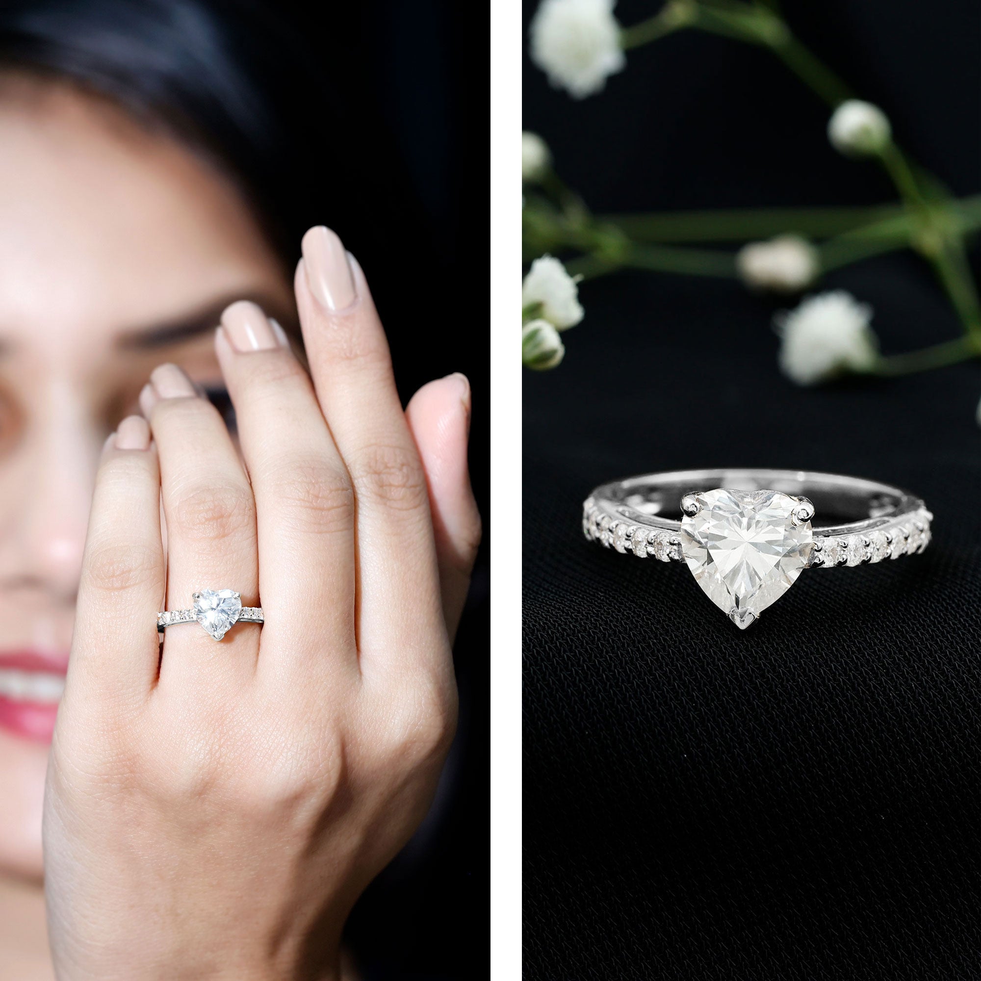 2 CT Moissanite Heart Engagement Ring With Side Stones D-VS1 - Rosec Jewels