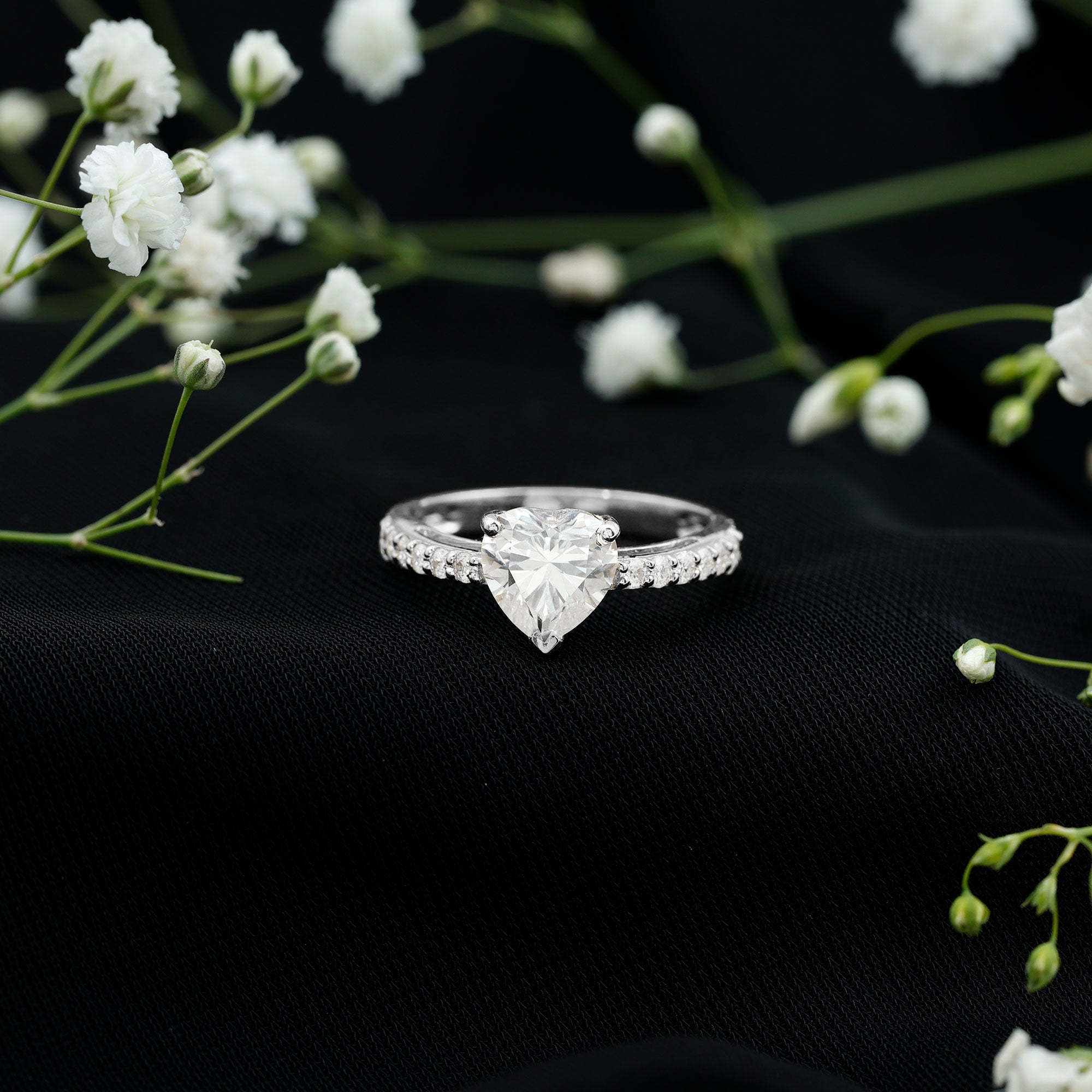 2 CT Moissanite Heart Engagement Ring With Side Stones D-VS1 - Rosec Jewels