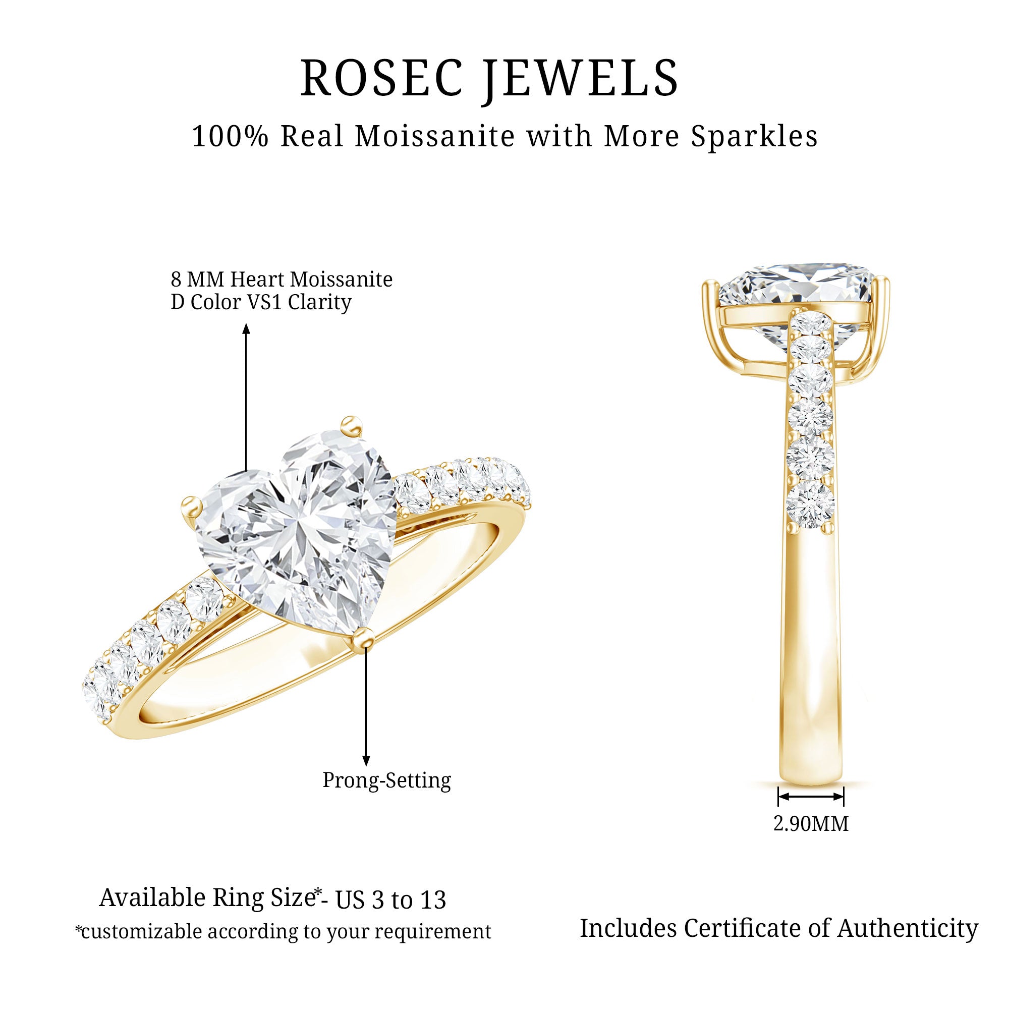 2 CT Moissanite Heart Engagement Ring With Side Stones D-VS1 - Rosec Jewels