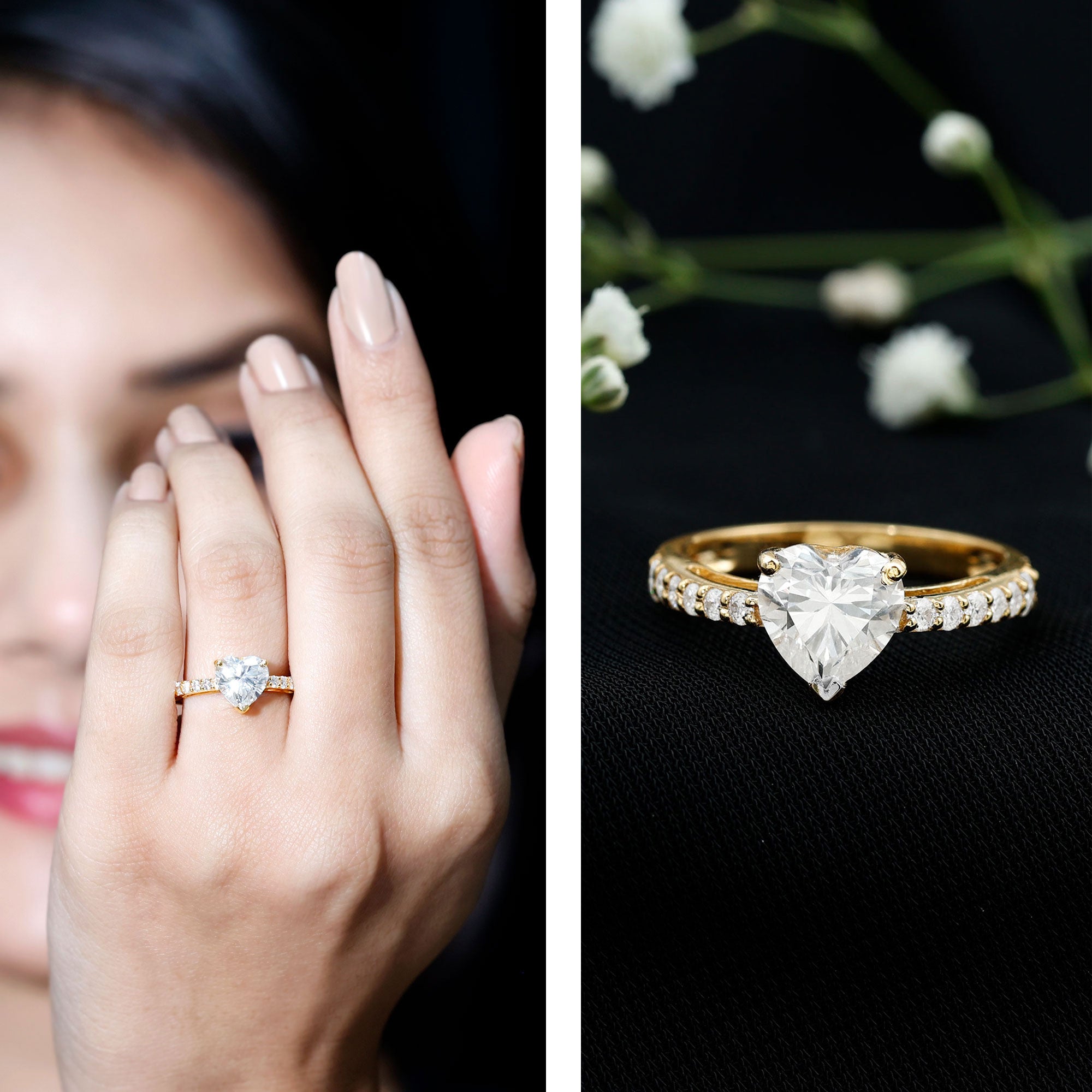 2 CT Moissanite Heart Engagement Ring With Side Stones D-VS1 - Rosec Jewels