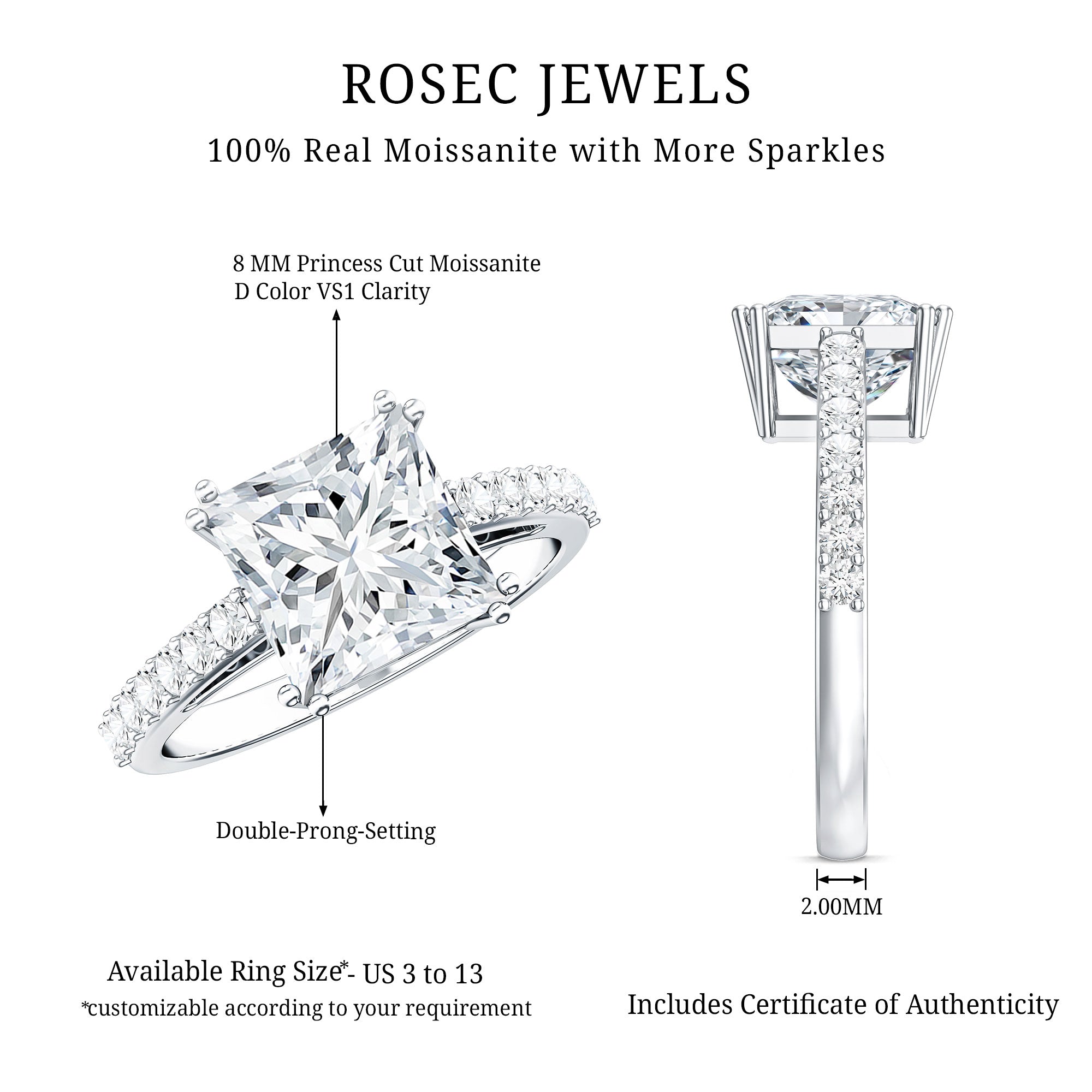 3 Carat Moissanite Princess Cut Engagement Ring With Double Prongs D-VS1 - Rosec Jewels