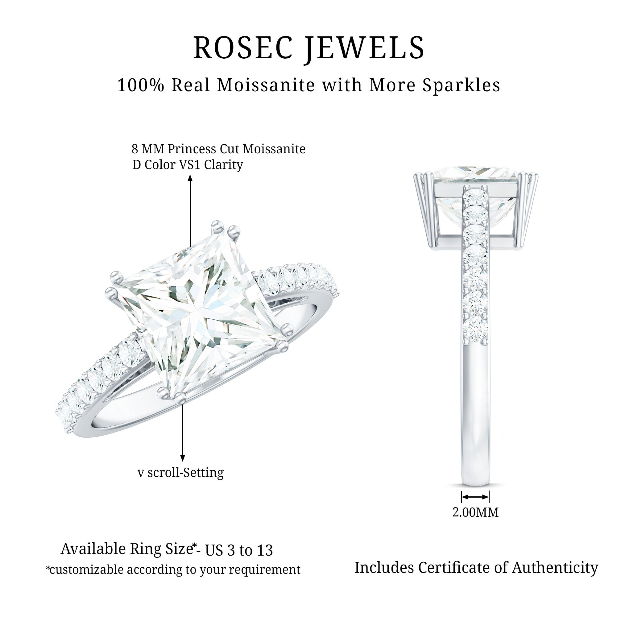 3 Carat Moissanite Princess Cut Engagement Ring With Double Prongs D-VS1 - Rosec Jewels