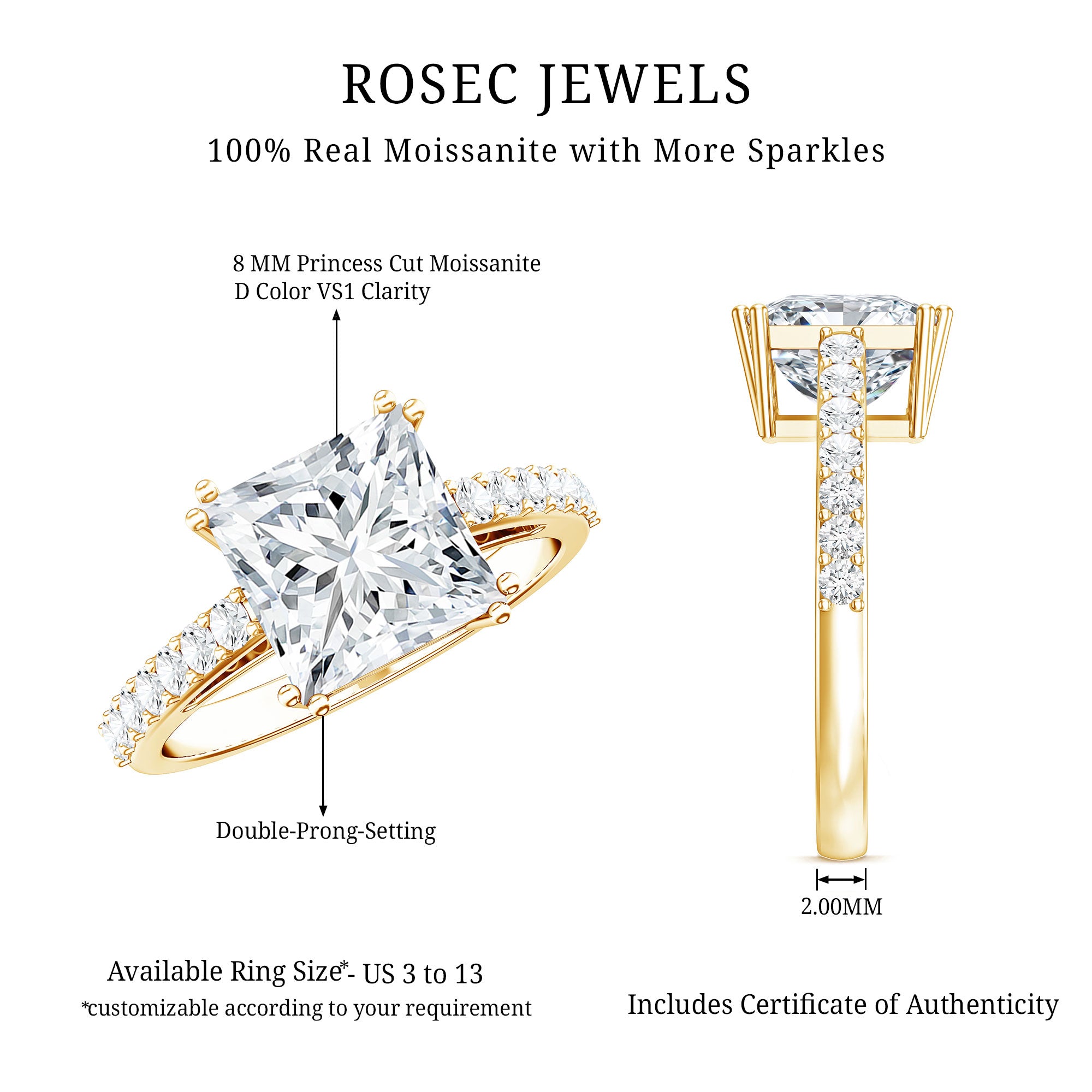 3 Carat Moissanite Princess Cut Engagement Ring With Double Prongs D-VS1 - Rosec Jewels