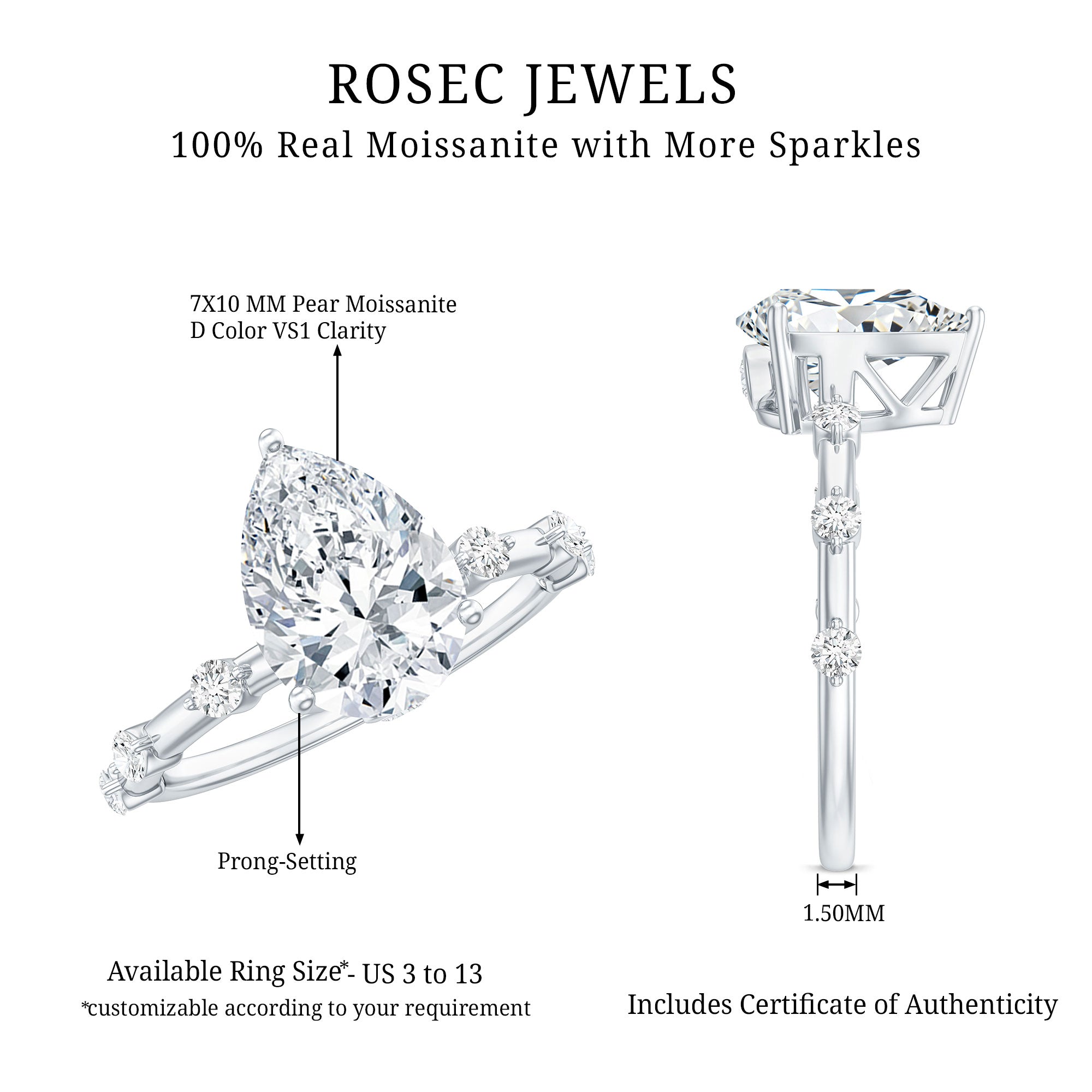 Pear Shaped Moissanite Big Engagement Ring For Women D-VS1 - Rosec Jewels