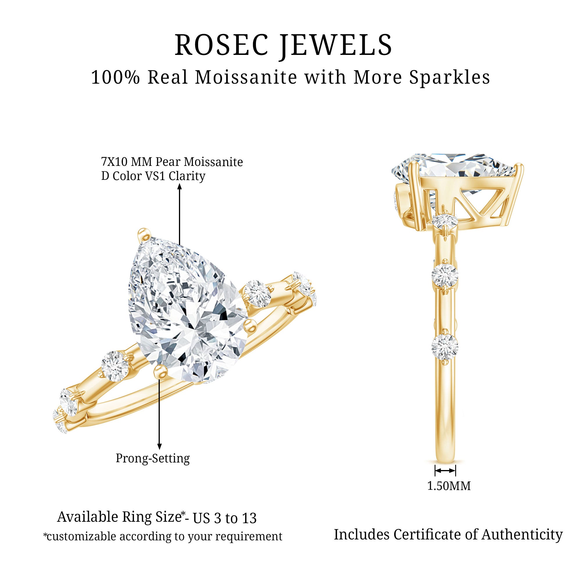 Pear Shaped Moissanite Big Engagement Ring For Women D-VS1 - Rosec Jewels