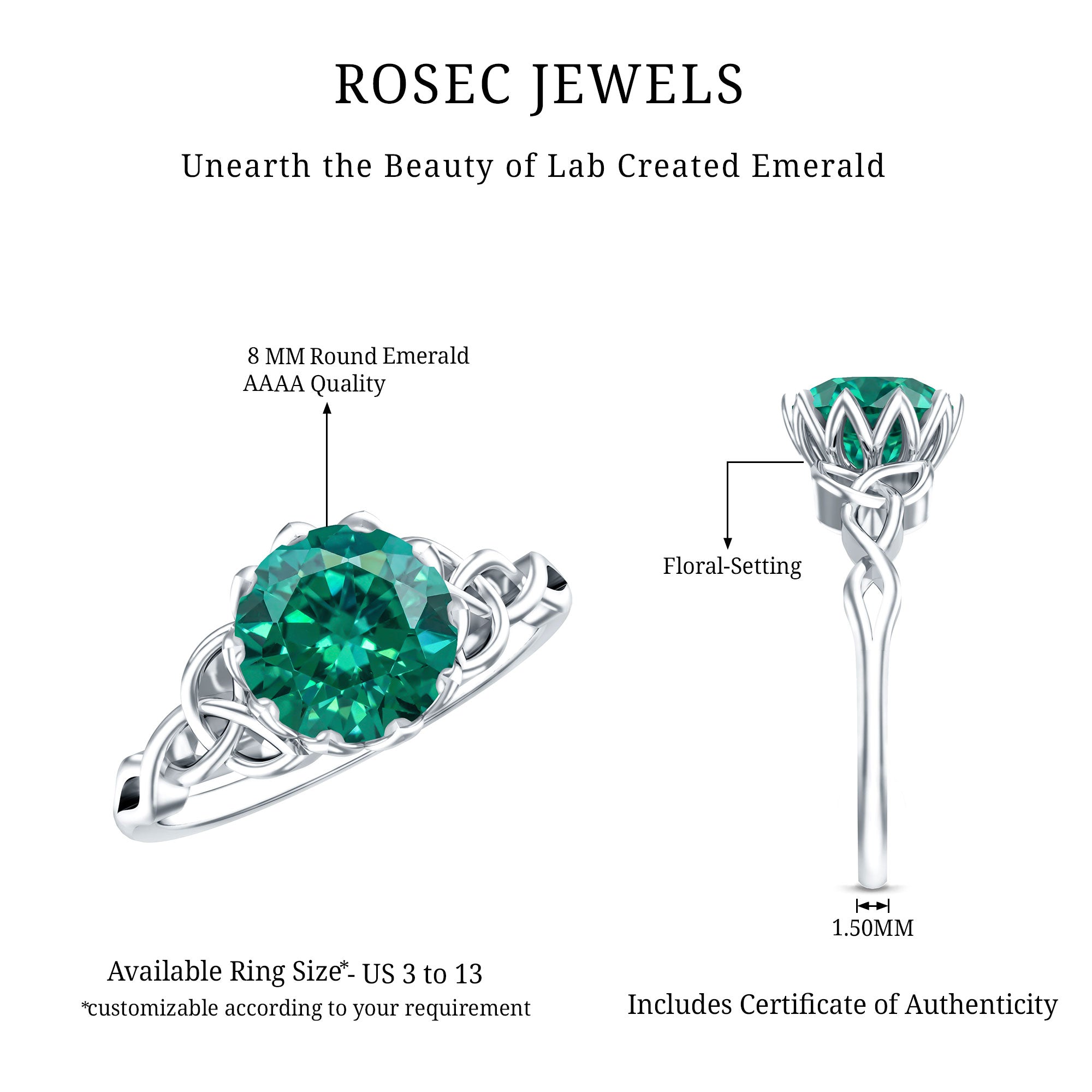 Lotus Basket Set Lab Grown Emerald Knot Engagement Ring AAAA - Rosec Jewels