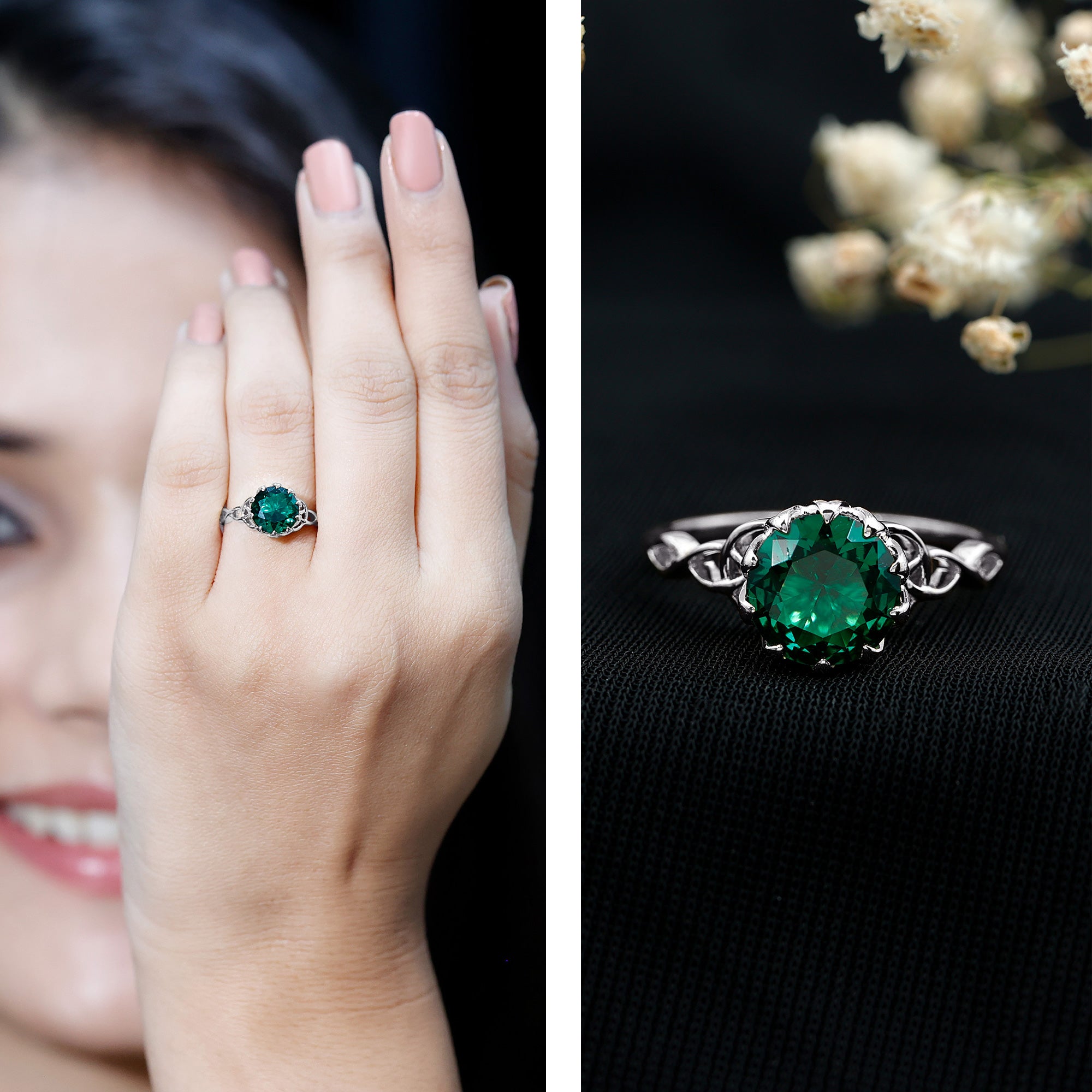 Lotus Basket Set Lab Grown Emerald Knot Engagement Ring AAAA - Rosec Jewels