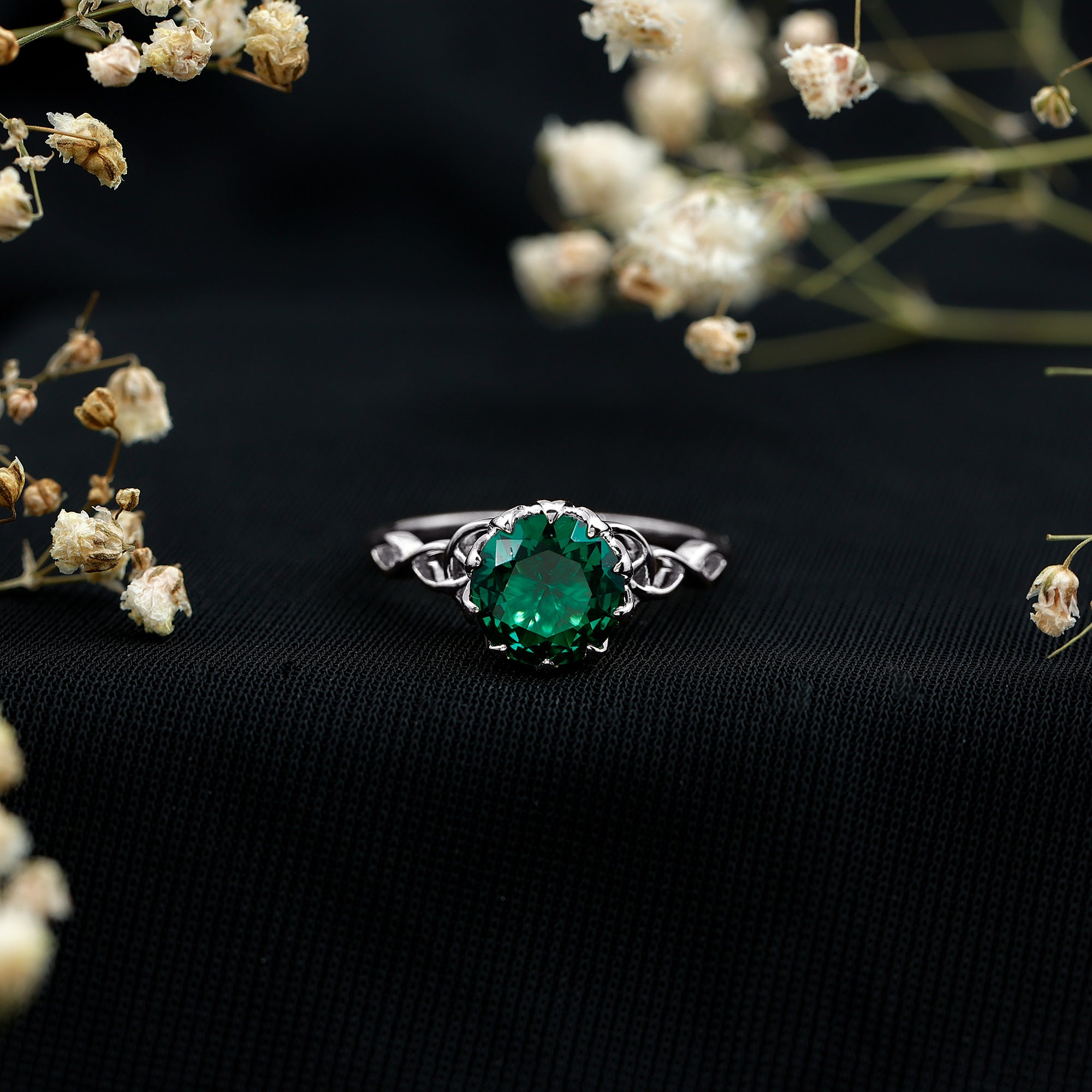 Lotus Basket Set Lab Grown Emerald Knot Engagement Ring AAAA - Rosec Jewels