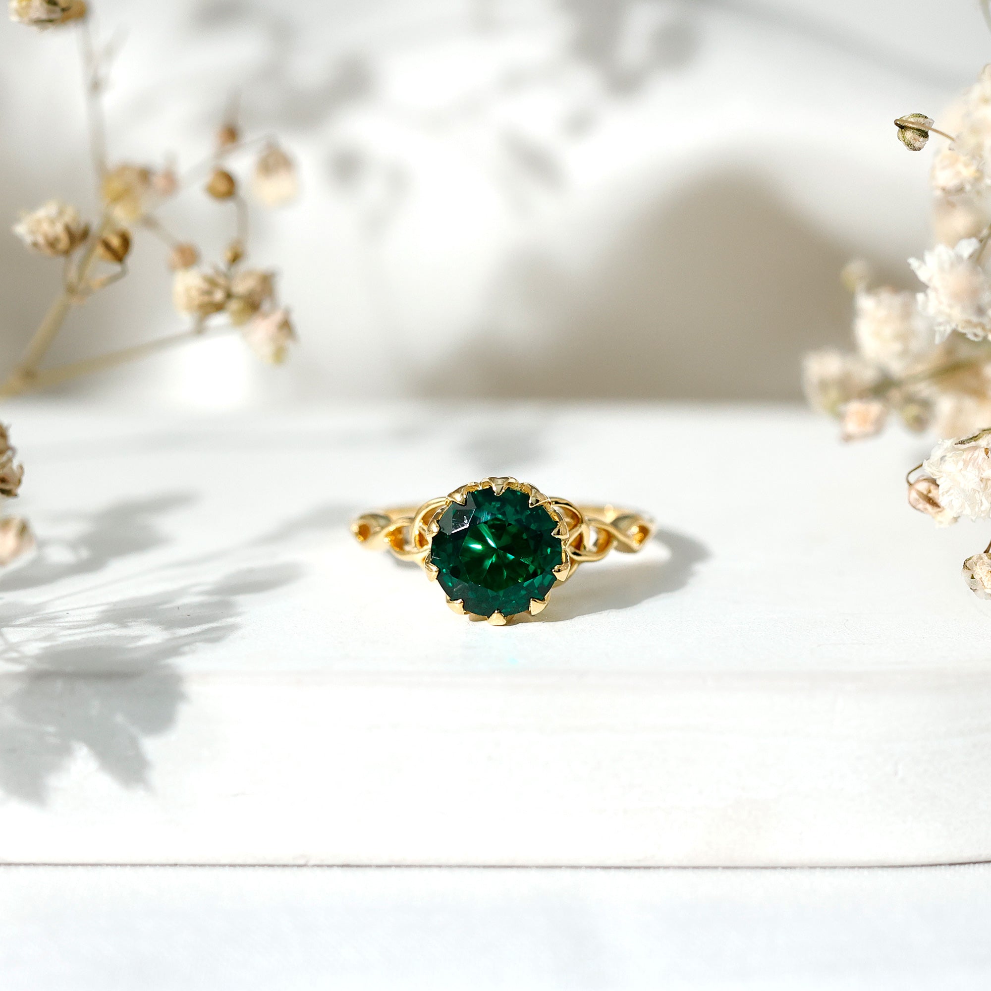 Lotus Basket Set Lab Grown Emerald Knot Engagement Ring AAAA - Rosec Jewels
