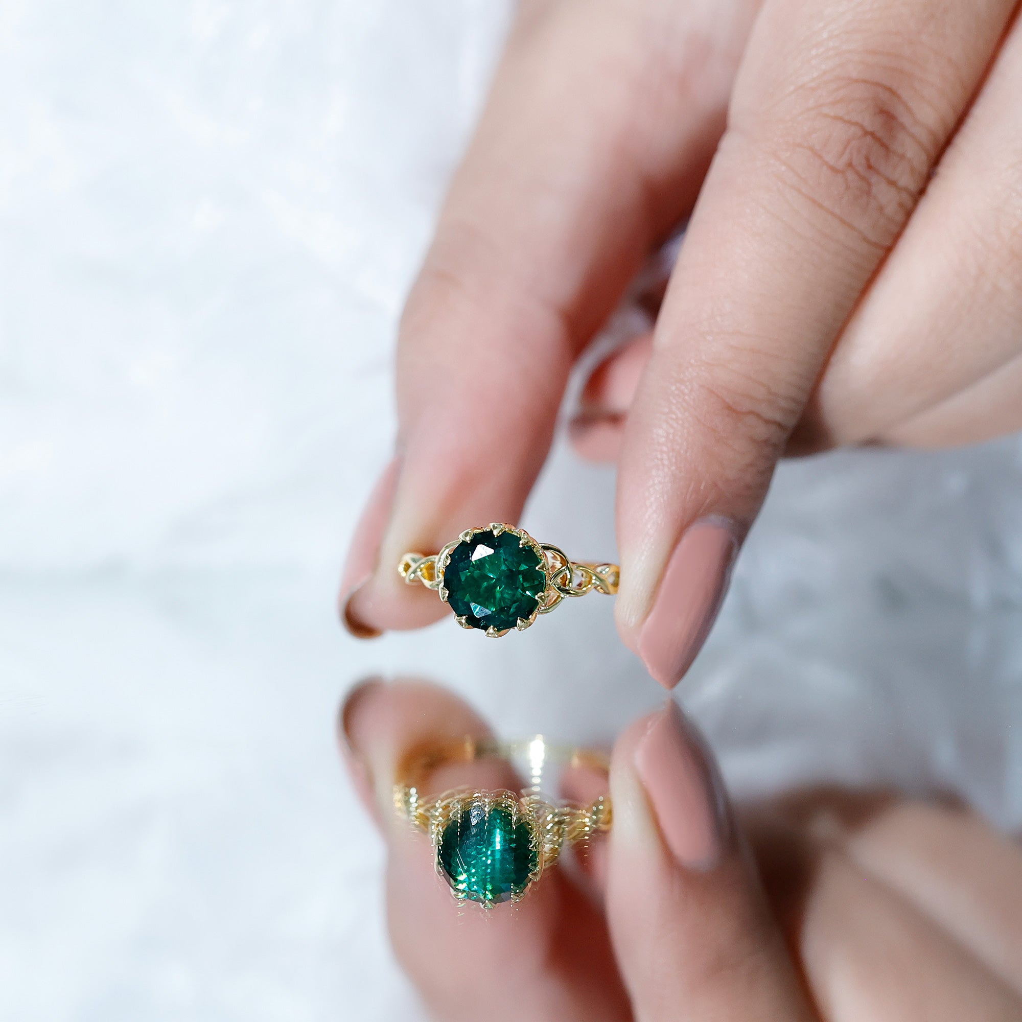 Lotus Basket Set Lab Grown Emerald Knot Engagement Ring AAAA - Rosec Jewels