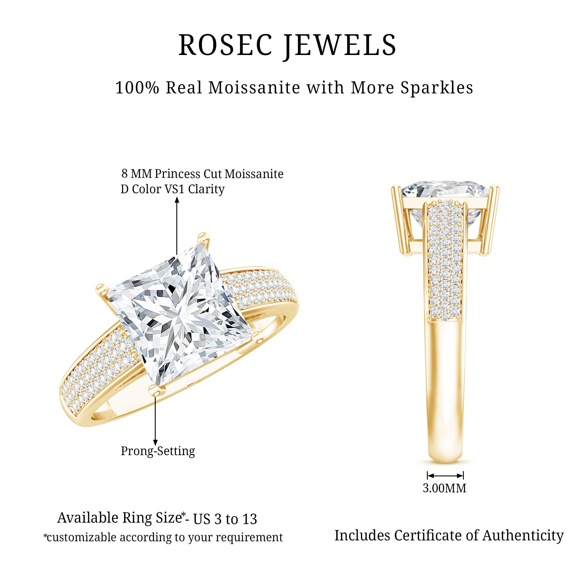 Princess Cut Moissanite Engagement Ring With Certificate D-VS1 - Rosec Jewels