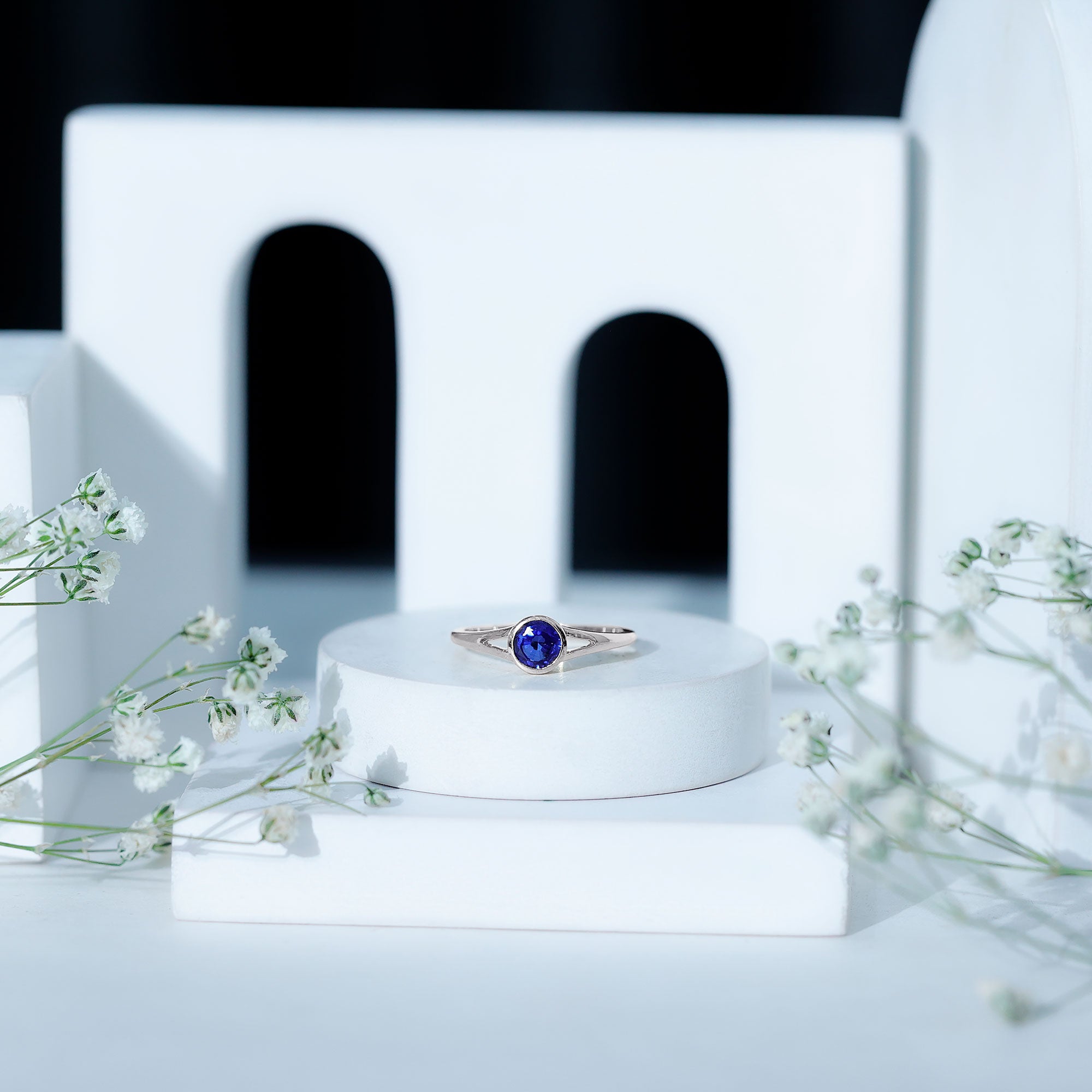 Certified 0.6 Carat Lab Grown Blue Sapphire Promise Ring with Split Shank AAAA - Rosec Jewels
