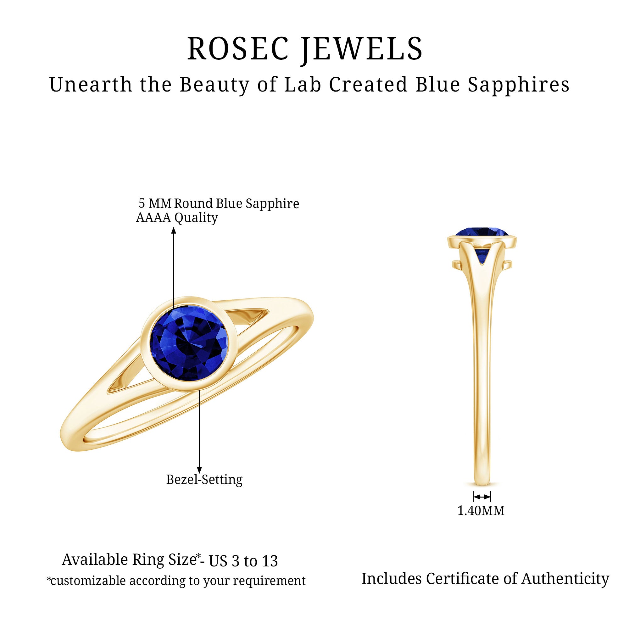 Certified 0.6 Carat Lab Grown Blue Sapphire Promise Ring with Split Shank AAAA - Rosec Jewels