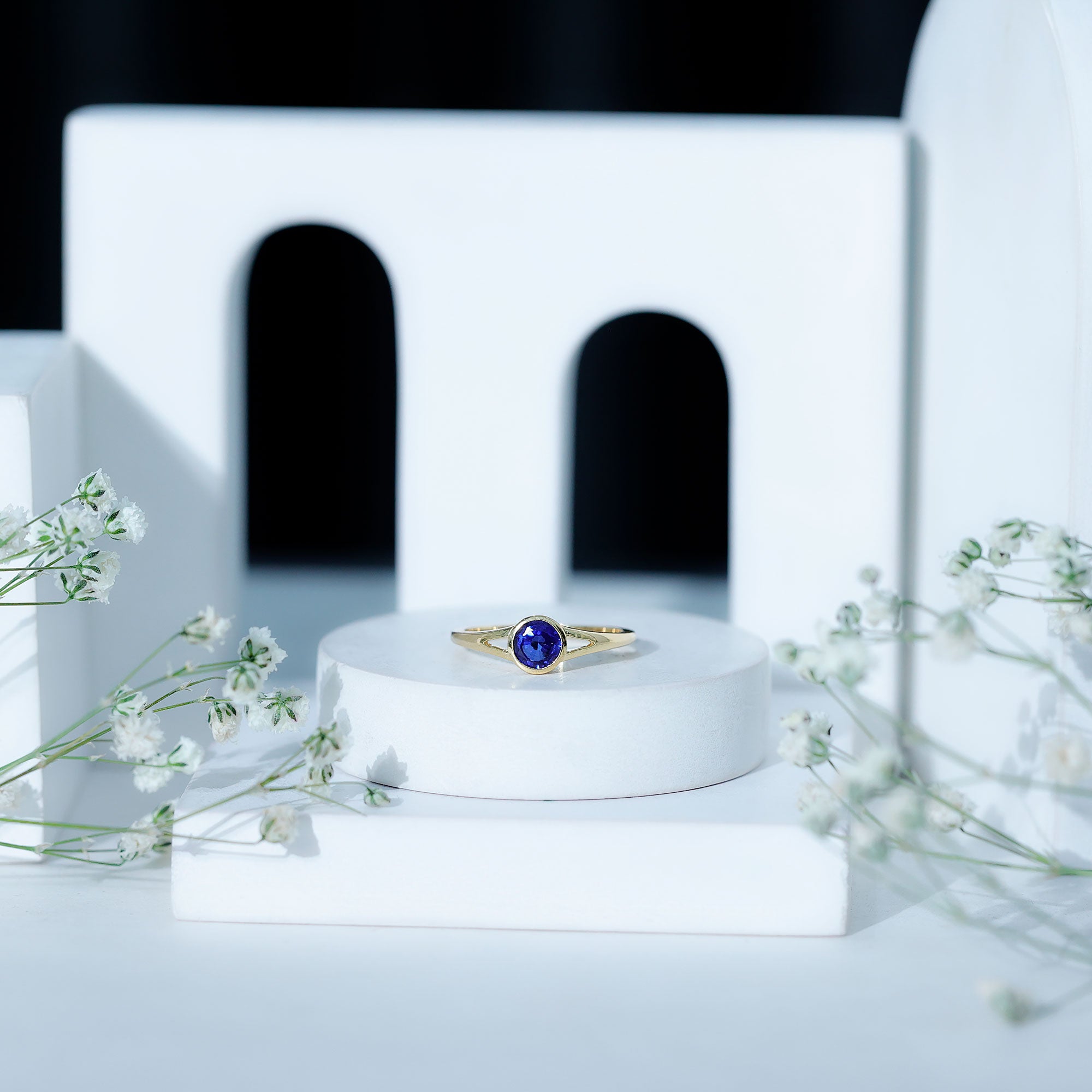 Certified 0.6 Carat Lab Grown Blue Sapphire Promise Ring with Split Shank AAAA - Rosec Jewels