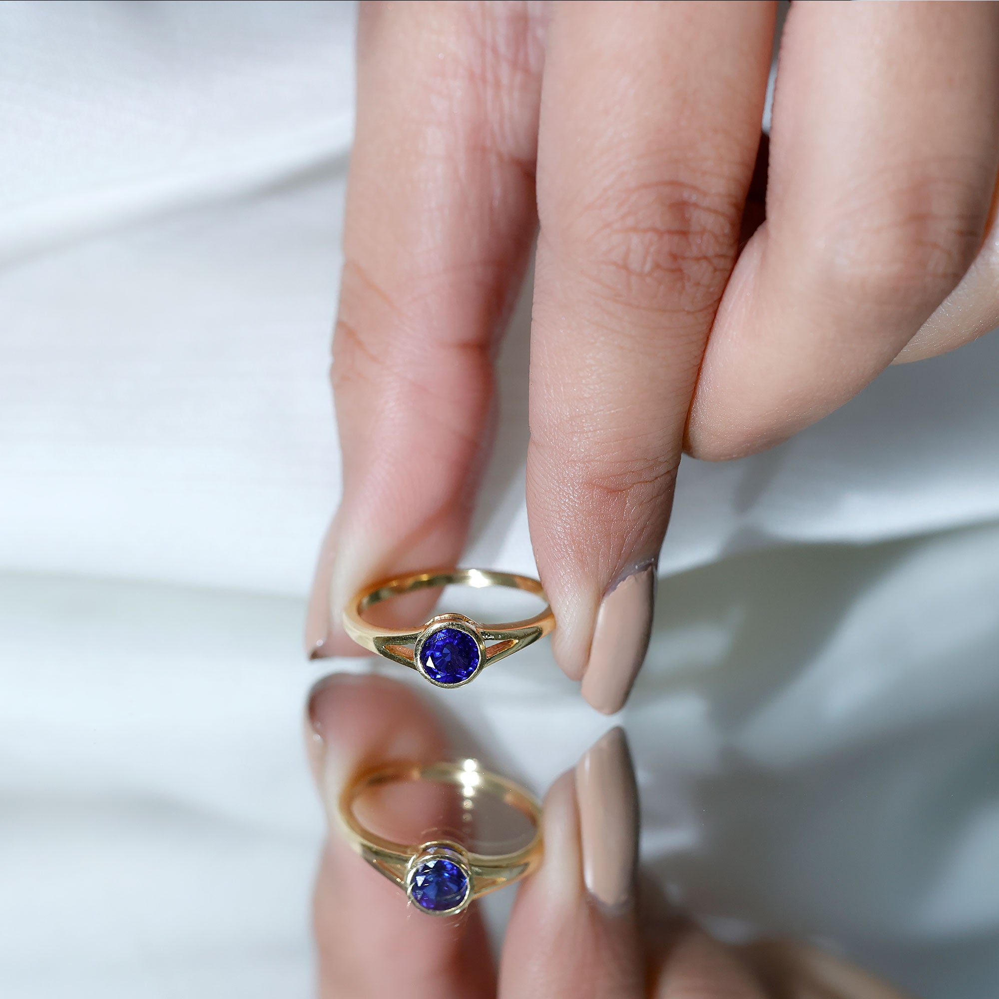 Certified 0.6 Carat Lab Grown Blue Sapphire Promise Ring with Split Shank AAAA - Rosec Jewels