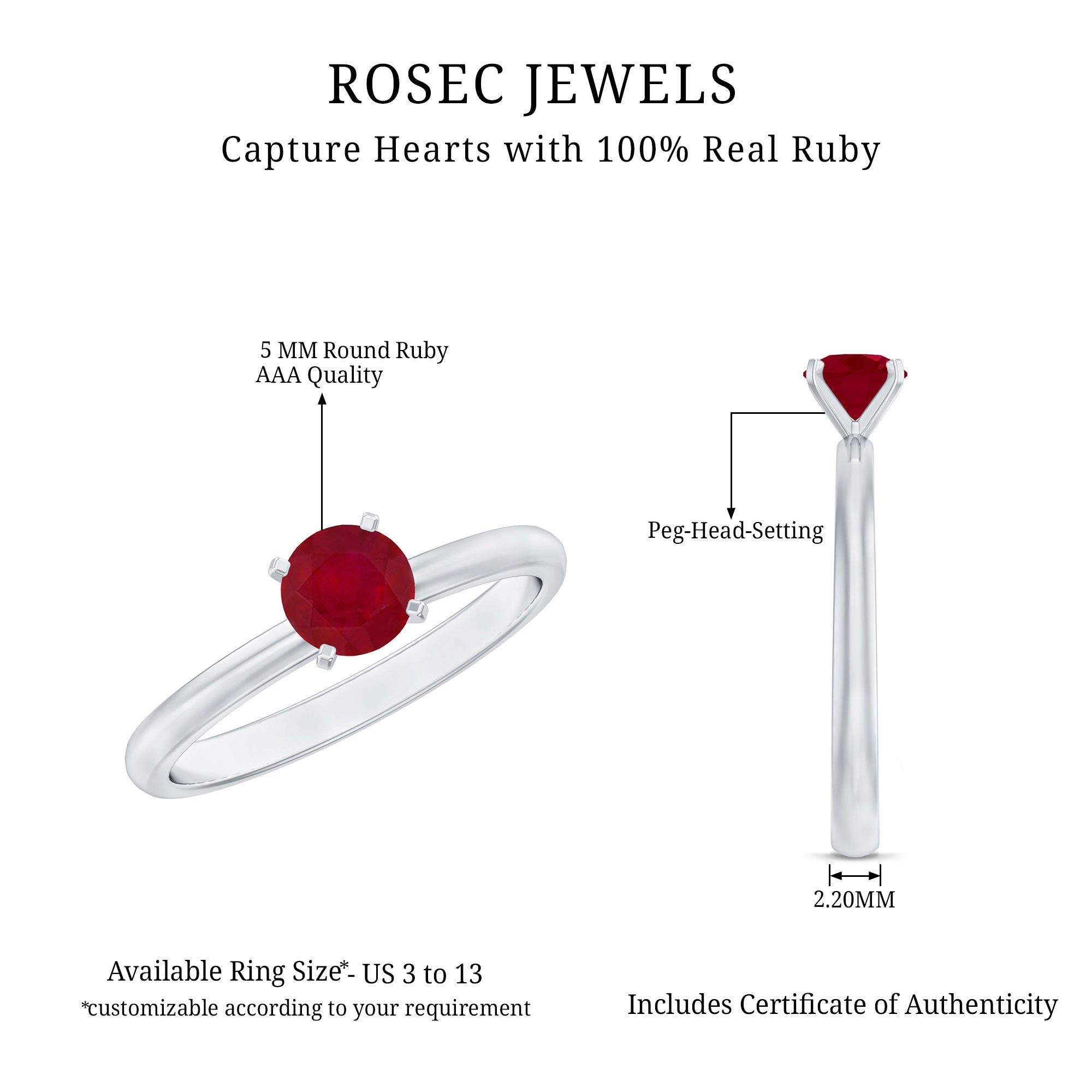 July Birthstone 5 MM Ruby Solitaire Ring in Peg Head Setting AAA - Rosec Jewels