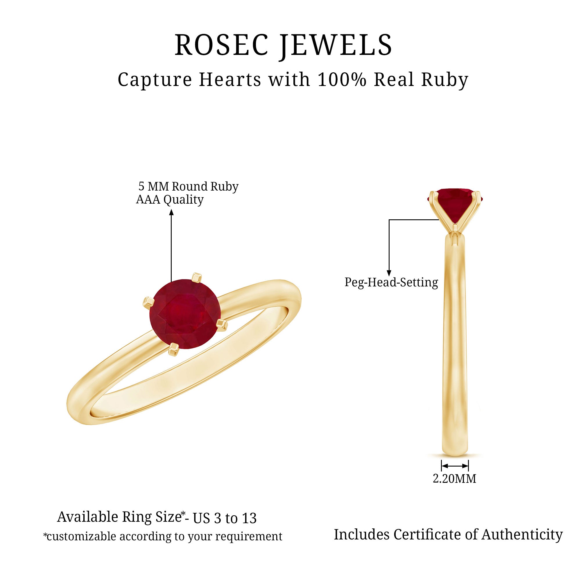 July Birthstone 5 MM Ruby Solitaire Ring in Peg Head Setting AAA - Rosec Jewels