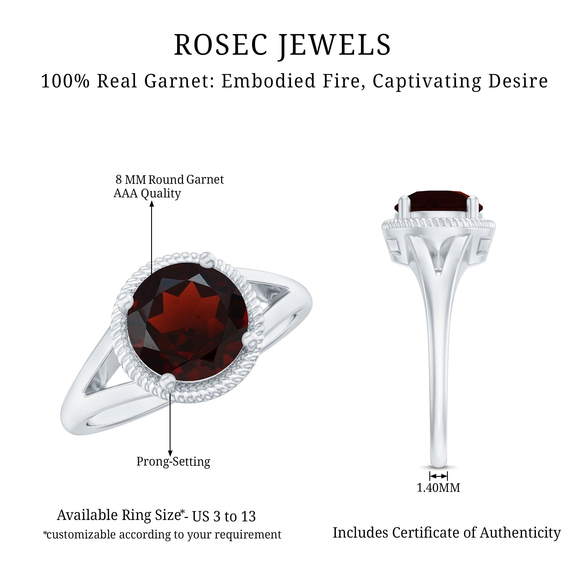 Real 8mm Solitaire Garnet Engagement Ring with Split Shank AAA - Rosec Jewels