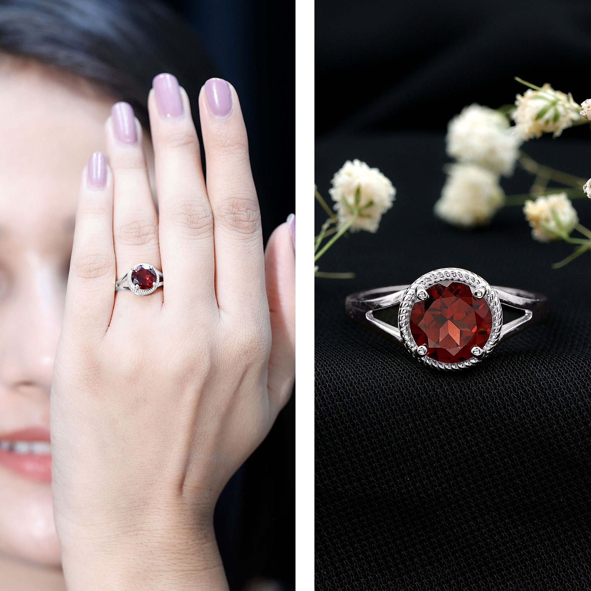 Real 8mm Solitaire Garnet Engagement Ring with Split Shank AAA - Rosec Jewels