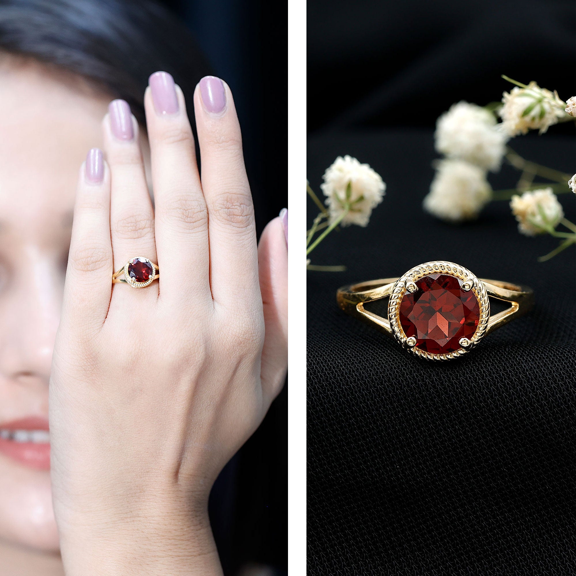 Real 8mm Solitaire Garnet Engagement Ring with Split Shank AAA - Rosec Jewels