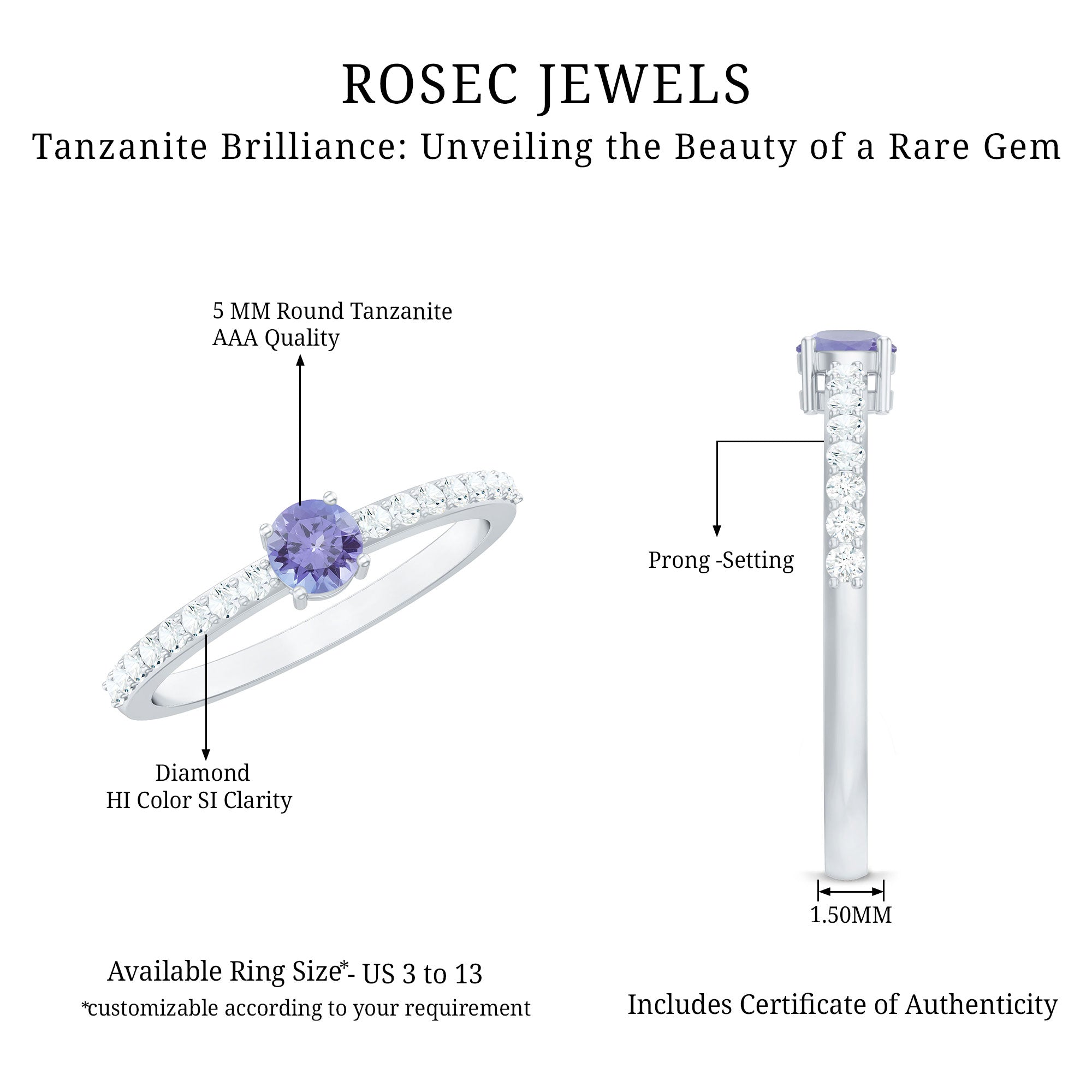 Natural Tanzanite Diamond Promise Ring for Engagement AAA - Rosec Jewels