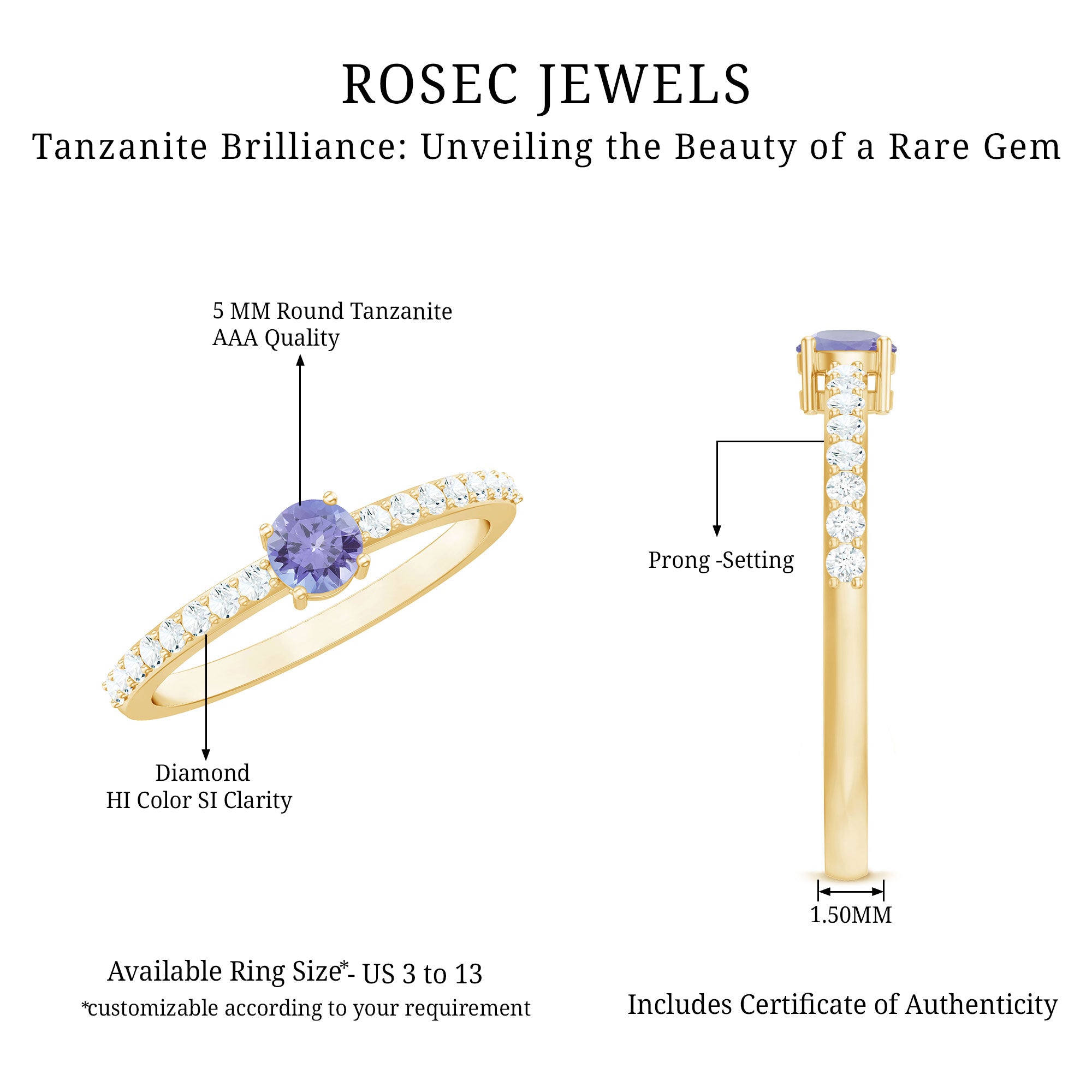 Natural Tanzanite Diamond Promise Ring for Engagement AAA - Rosec Jewels