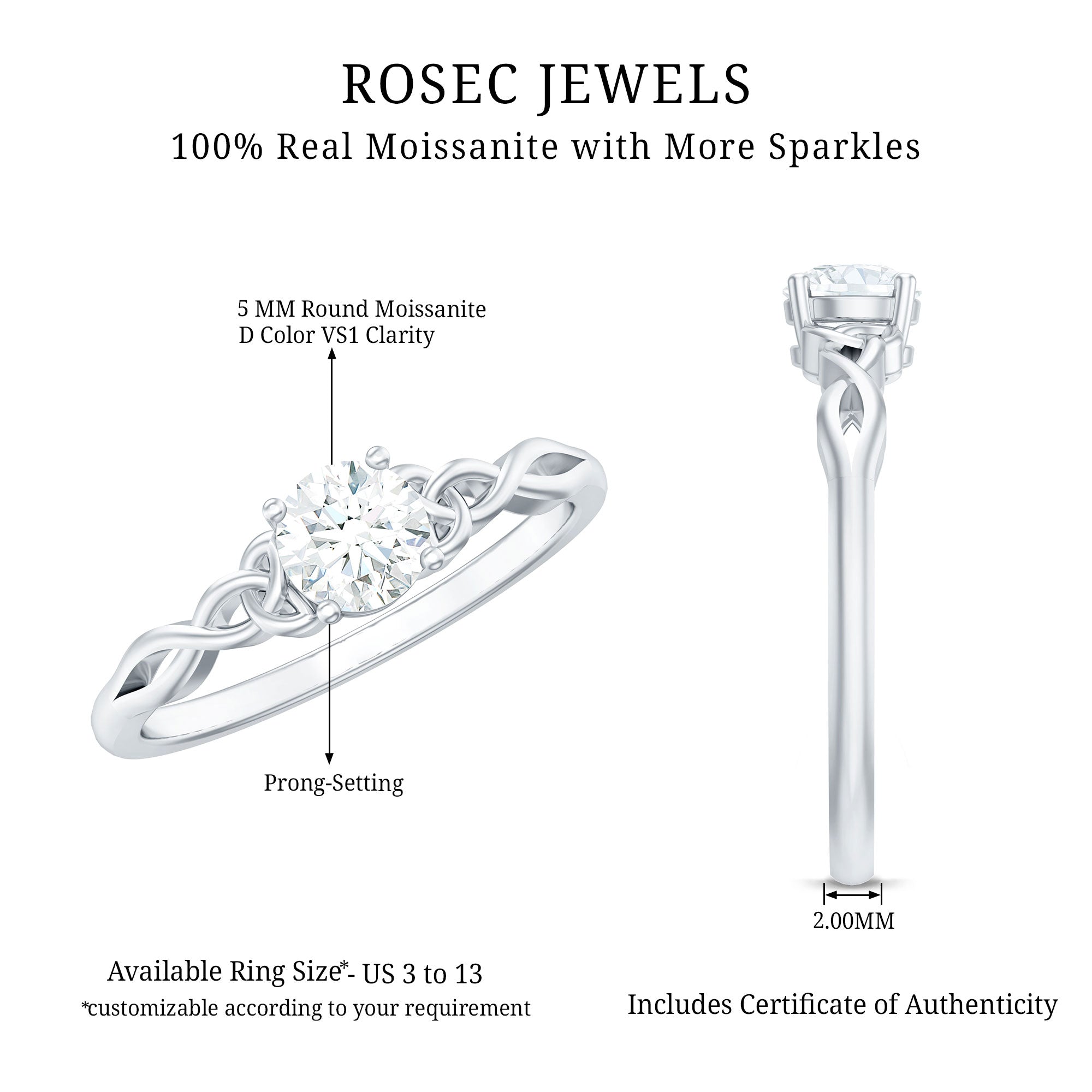 Solitaire Moissanite Celtic Knot Ring for Women D-VS1 - Rosec Jewels