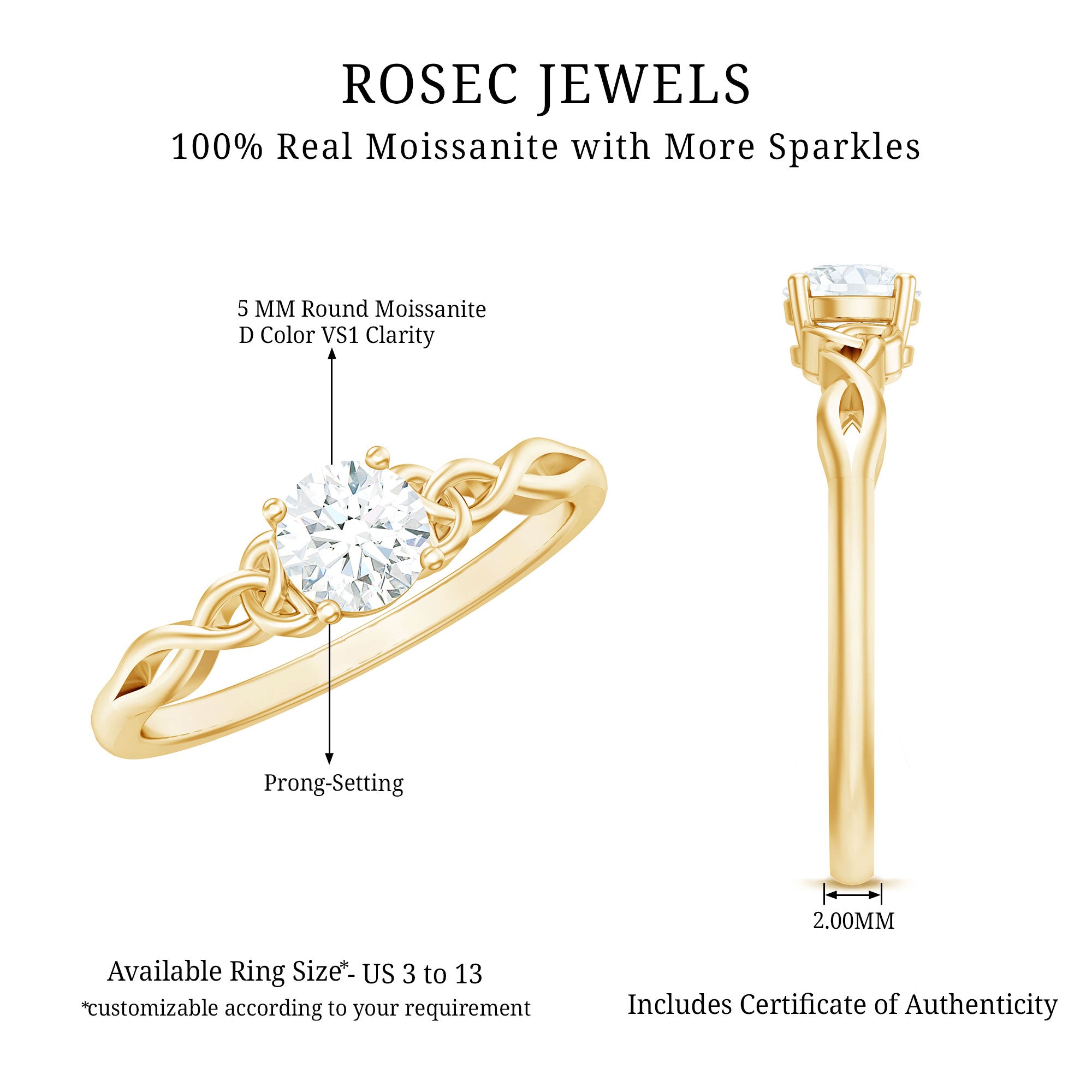 Solitaire Moissanite Celtic Knot Ring for Women D-VS1 - Rosec Jewels