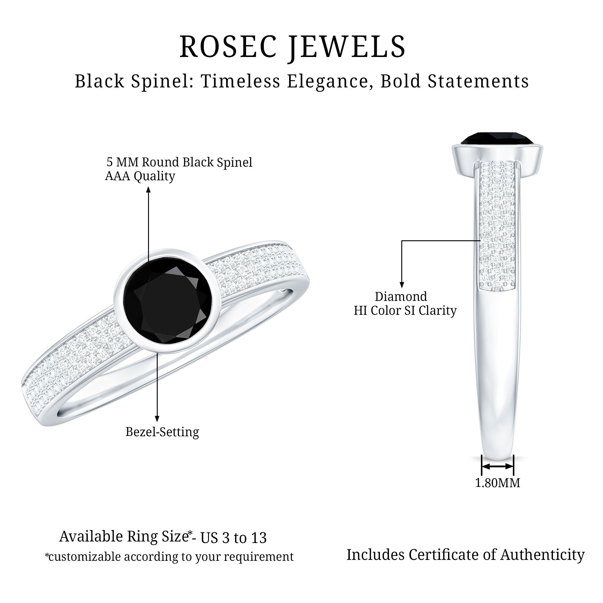 Natural Black Spinel Bezel Set Engagement Ring with Diamond Side Stones AAA - Rosec Jewels