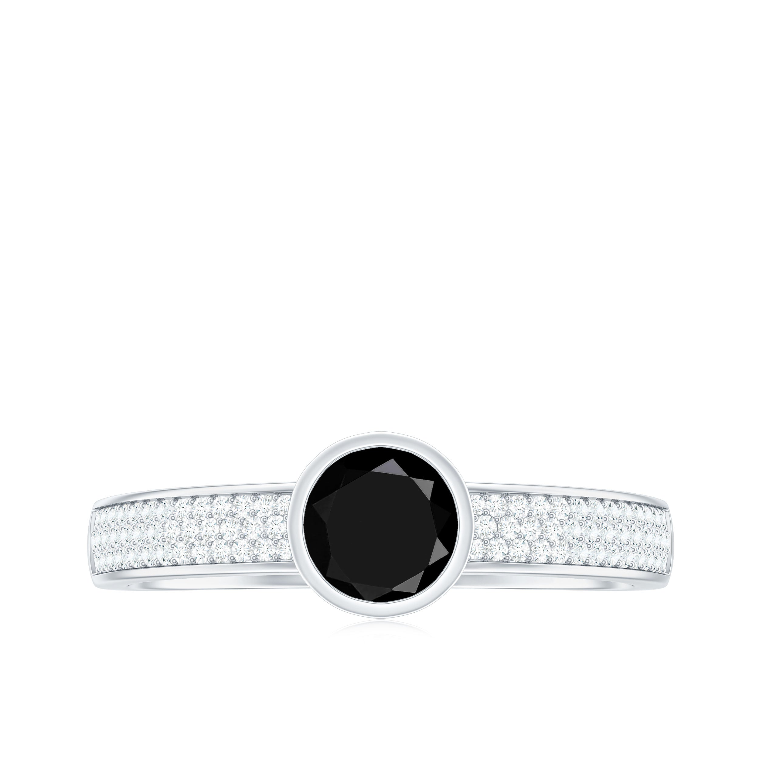 Natural Black Spinel Bezel Set Engagement Ring with Diamond Side Stones AAA - Rosec Jewels