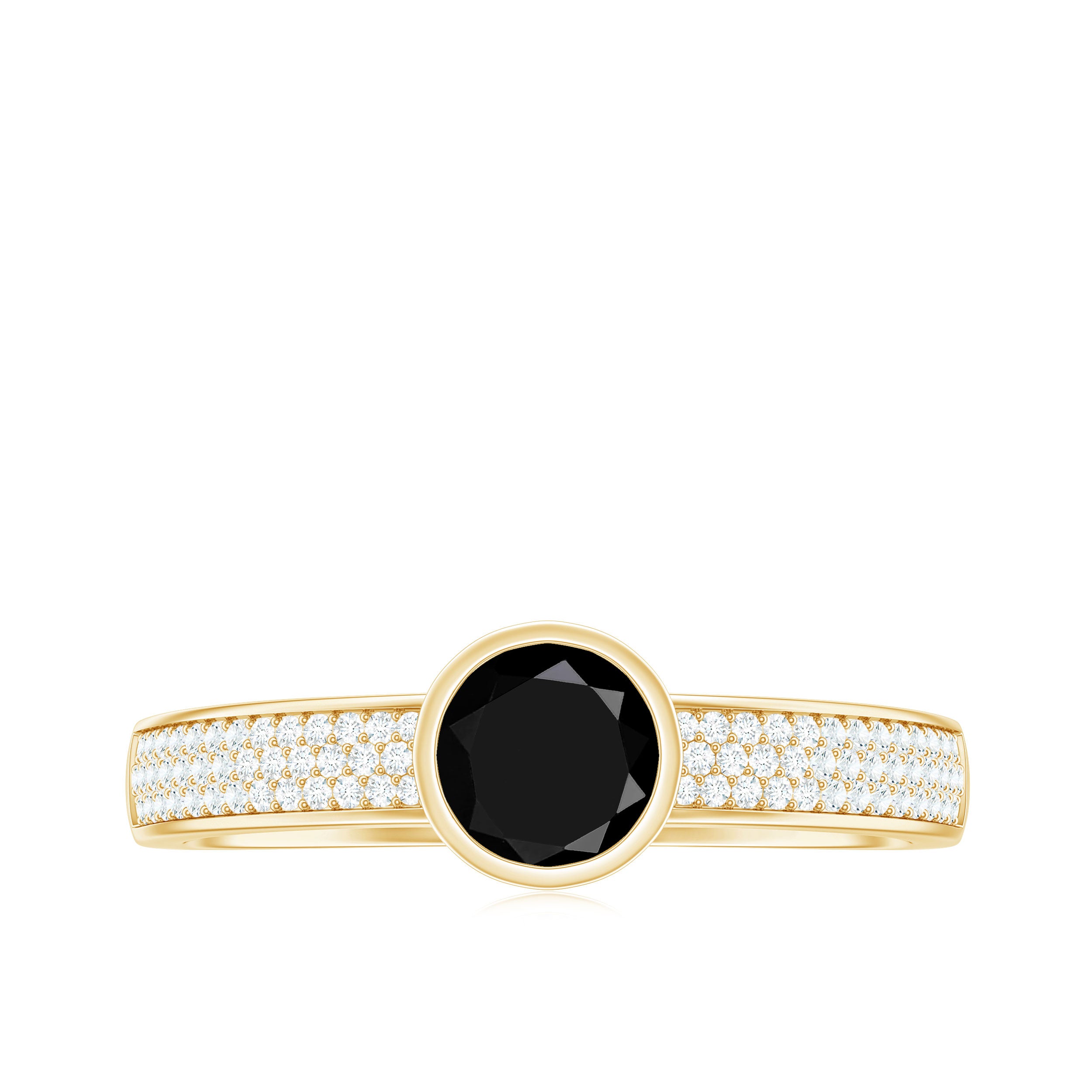 Natural Black Spinel Bezel Set Engagement Ring with Diamond Side Stones AAA - Rosec Jewels