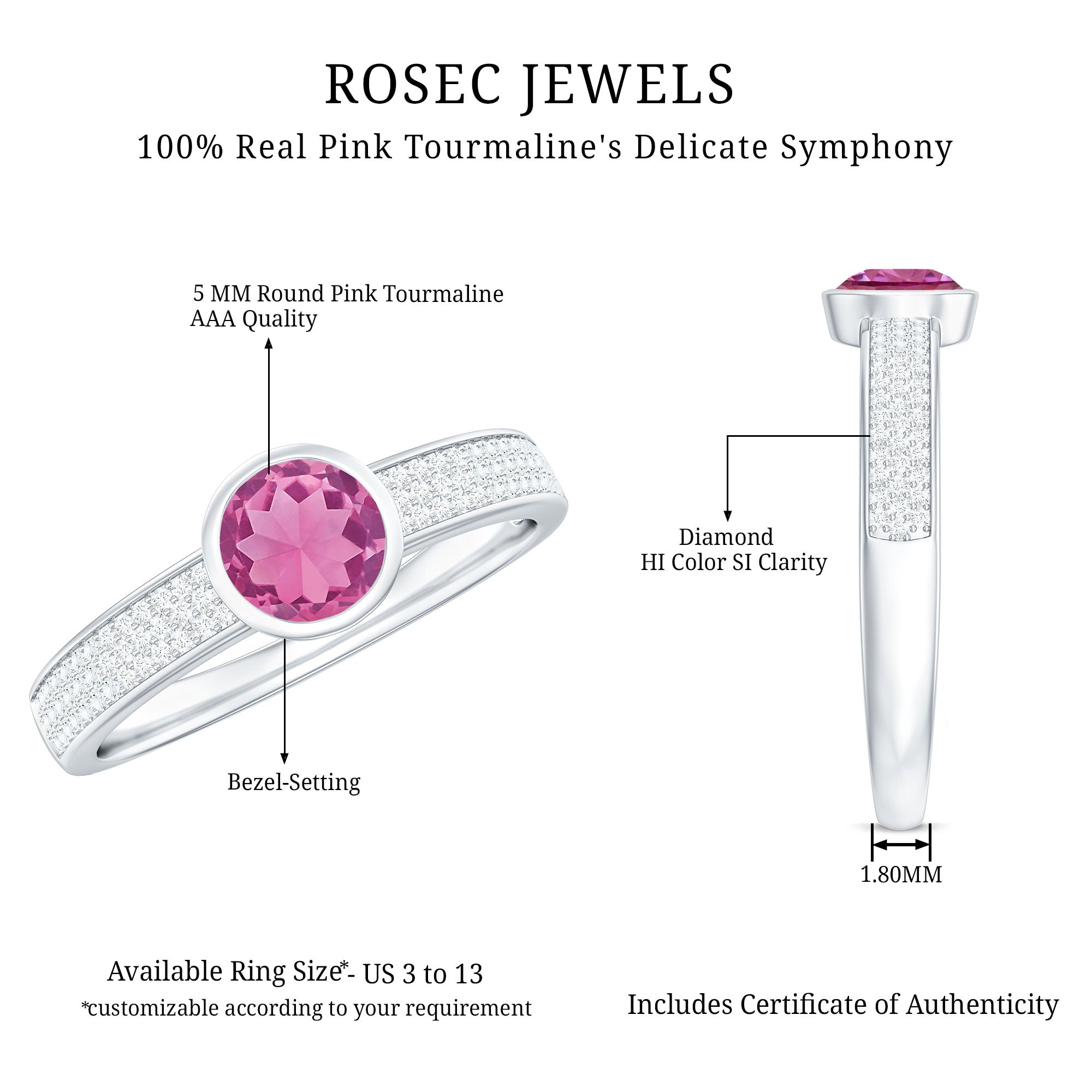 0.75 CT Solitaire Pink Tourmaline and Diamond Engagement Ring AAA - Rosec Jewels