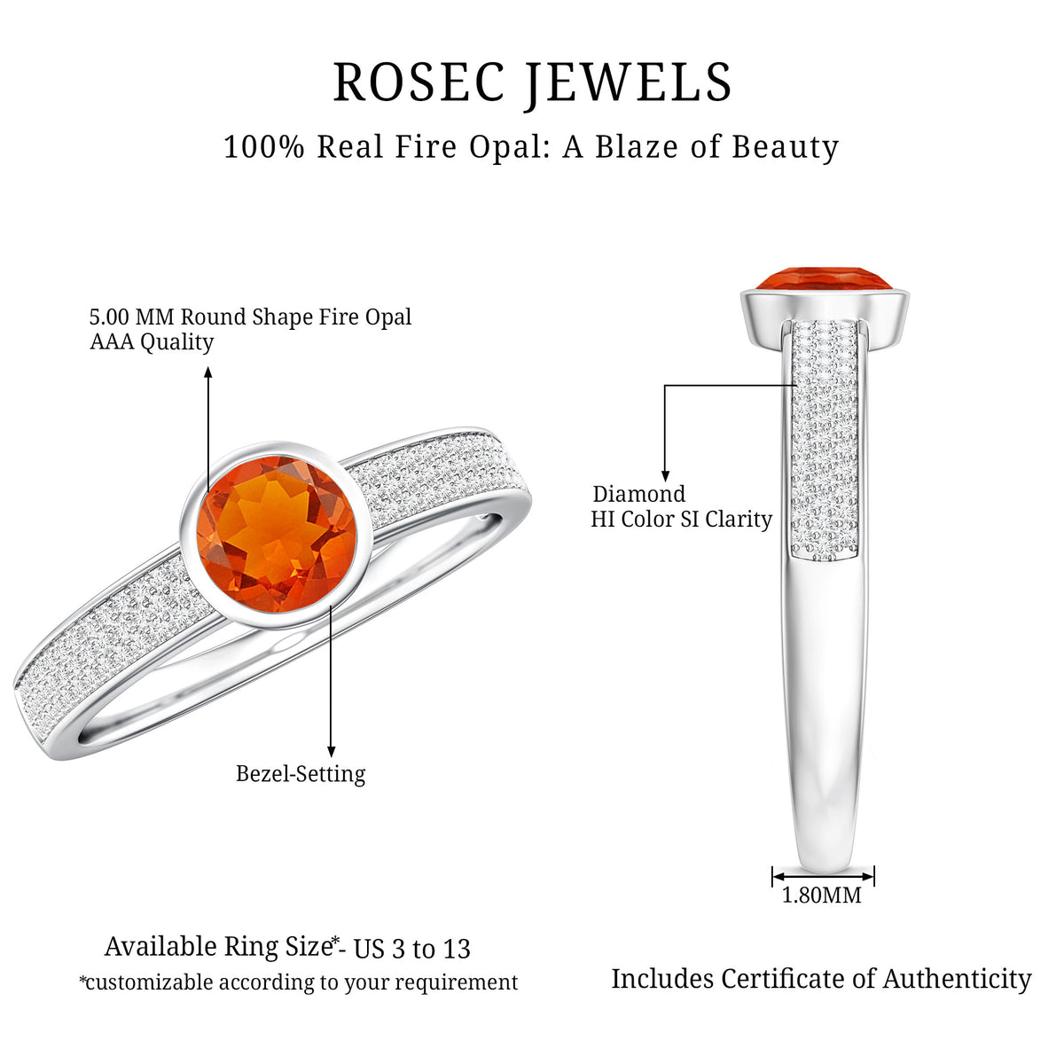 0.4 Carat Round Shape Fire Opal Engagement Ring with Diamond AAA - Rosec Jewels