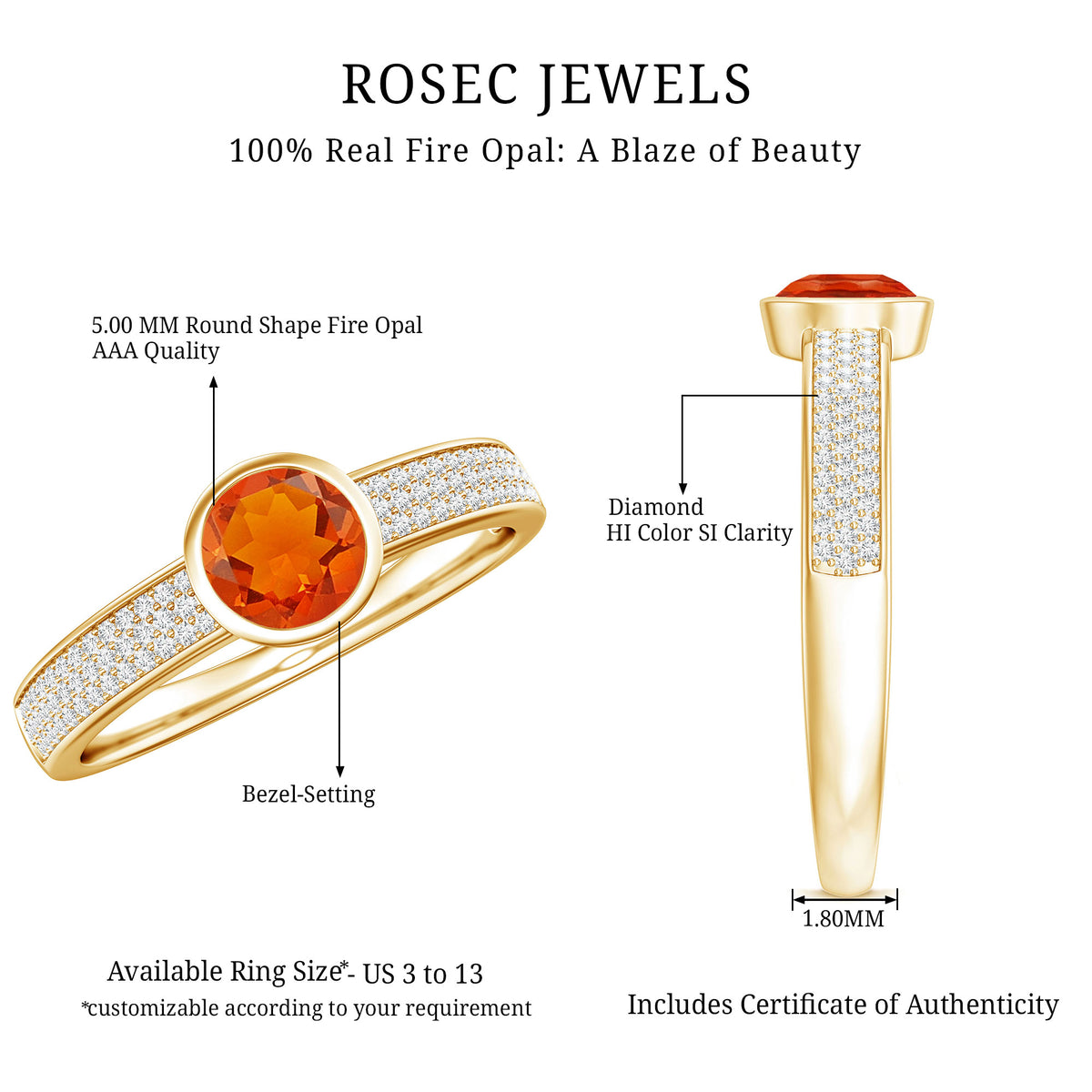 0.4 Carat Round Shape Fire Opal Engagement Ring with Diamond AAA - Rosec Jewels