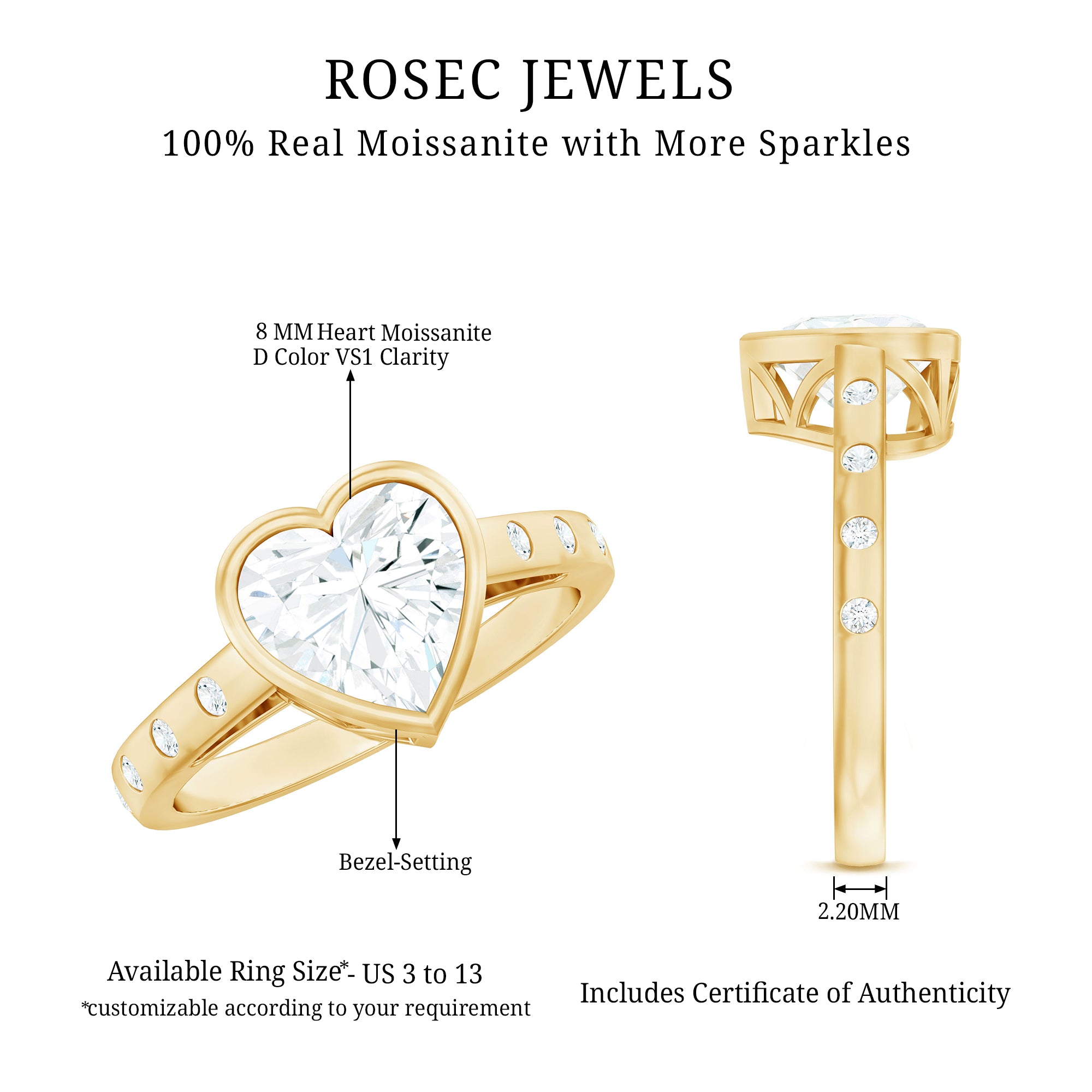 Heart Shape Moissanite Bezel Set Engagement Ring D-VS1 - Rosec Jewels