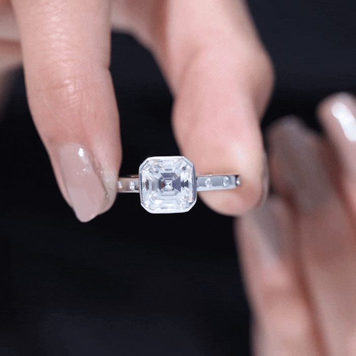 Solitaire Moissanite Asscher Cut Engagement Ring in Bezel Setting D-VS1 - Rosec Jewels