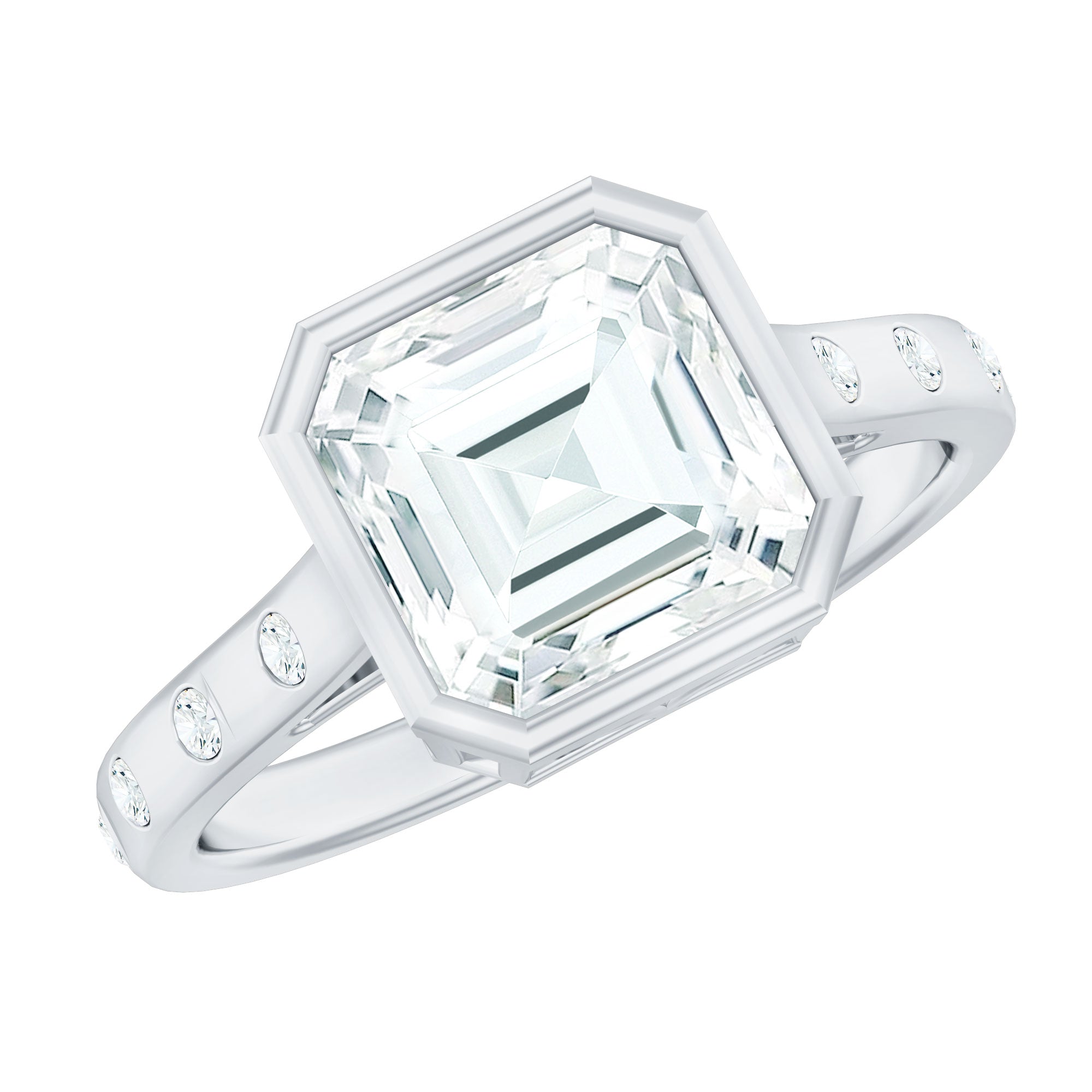 Solitaire Moissanite Asscher Cut Engagement Ring in Bezel Setting D-VS1 - Rosec Jewels
