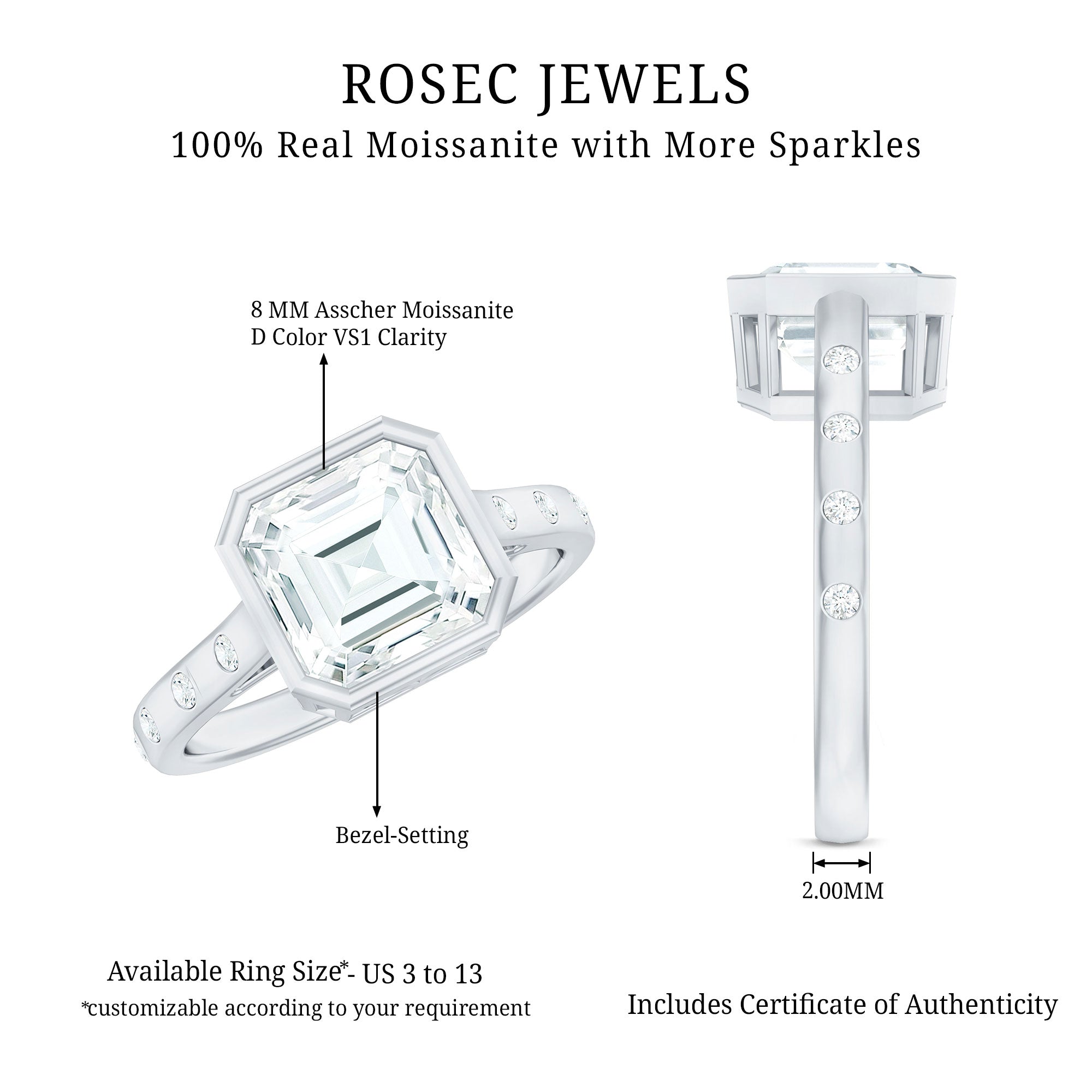 Solitaire Moissanite Asscher Cut Engagement Ring in Bezel Setting D-VS1 - Rosec Jewels