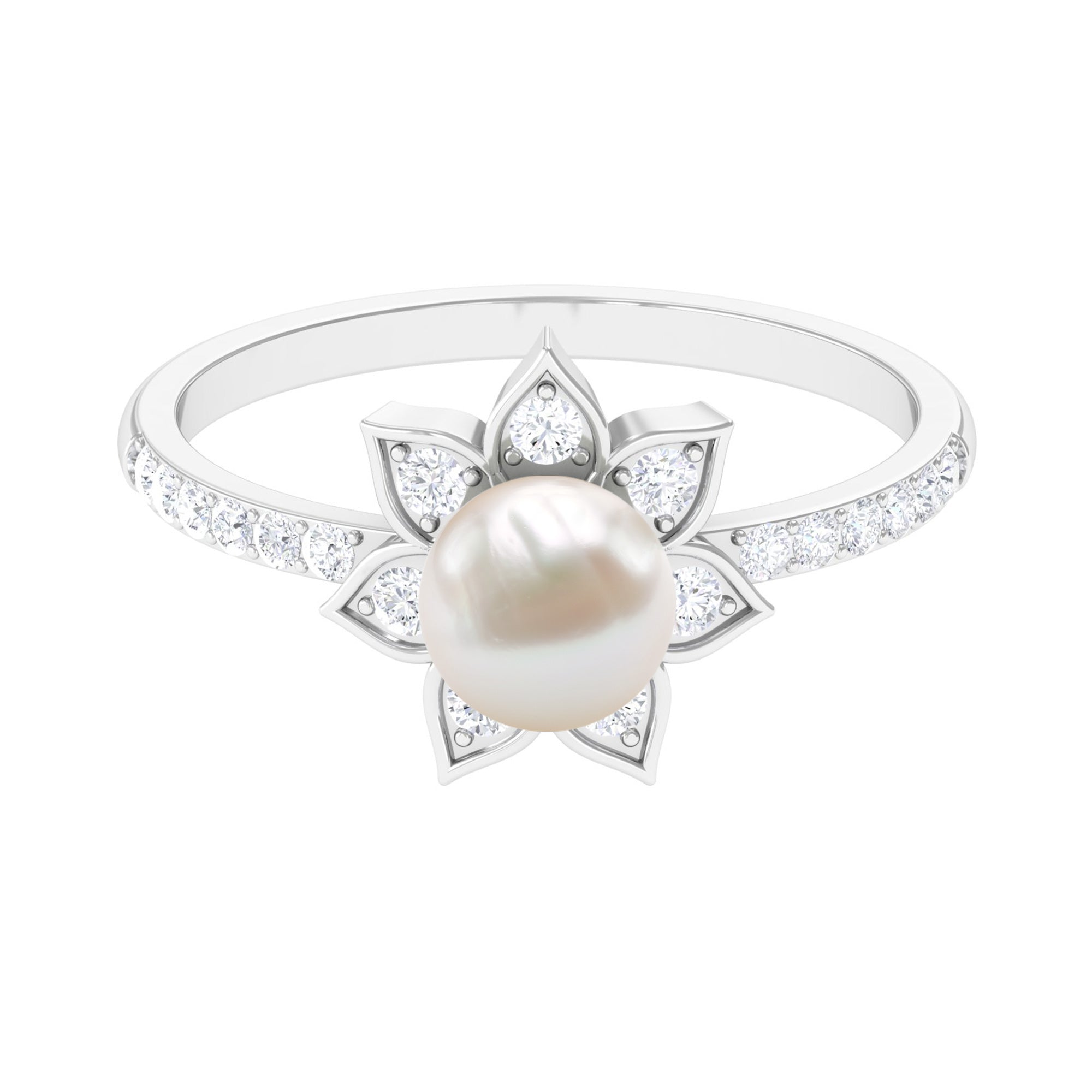 Freshwater Pearl Solitaire Floral Engagement Ring with Diamond AAA - Rosec Jewels