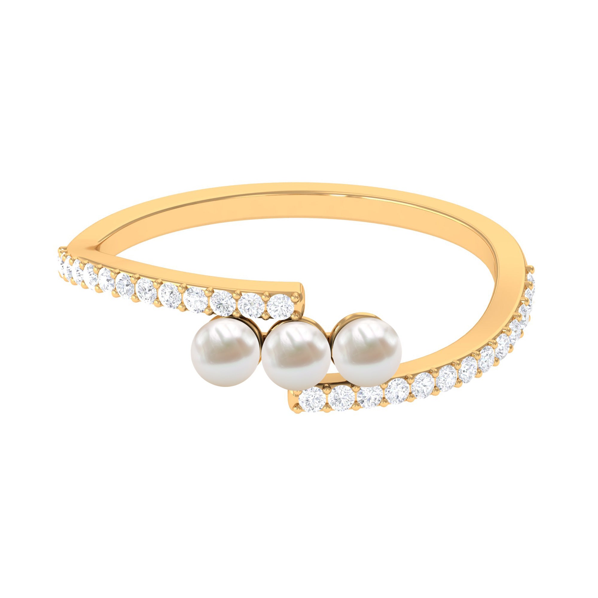 Rosec Jewels-Natural Freshwater Pearl 3 Stone Engagement Ring with Diamond