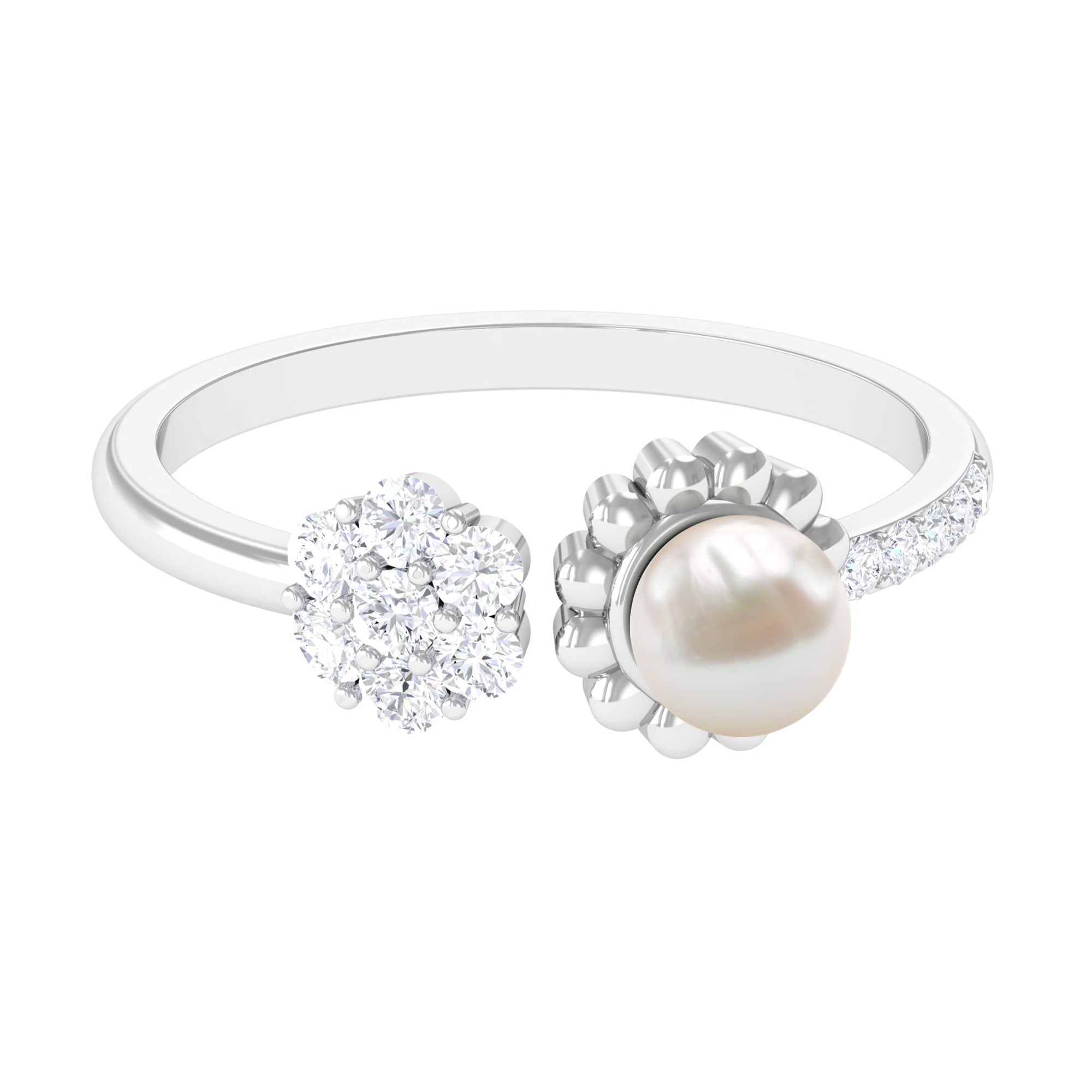 2.50 CT Freshwater Pearl and Diamond Flower Cuff Ring